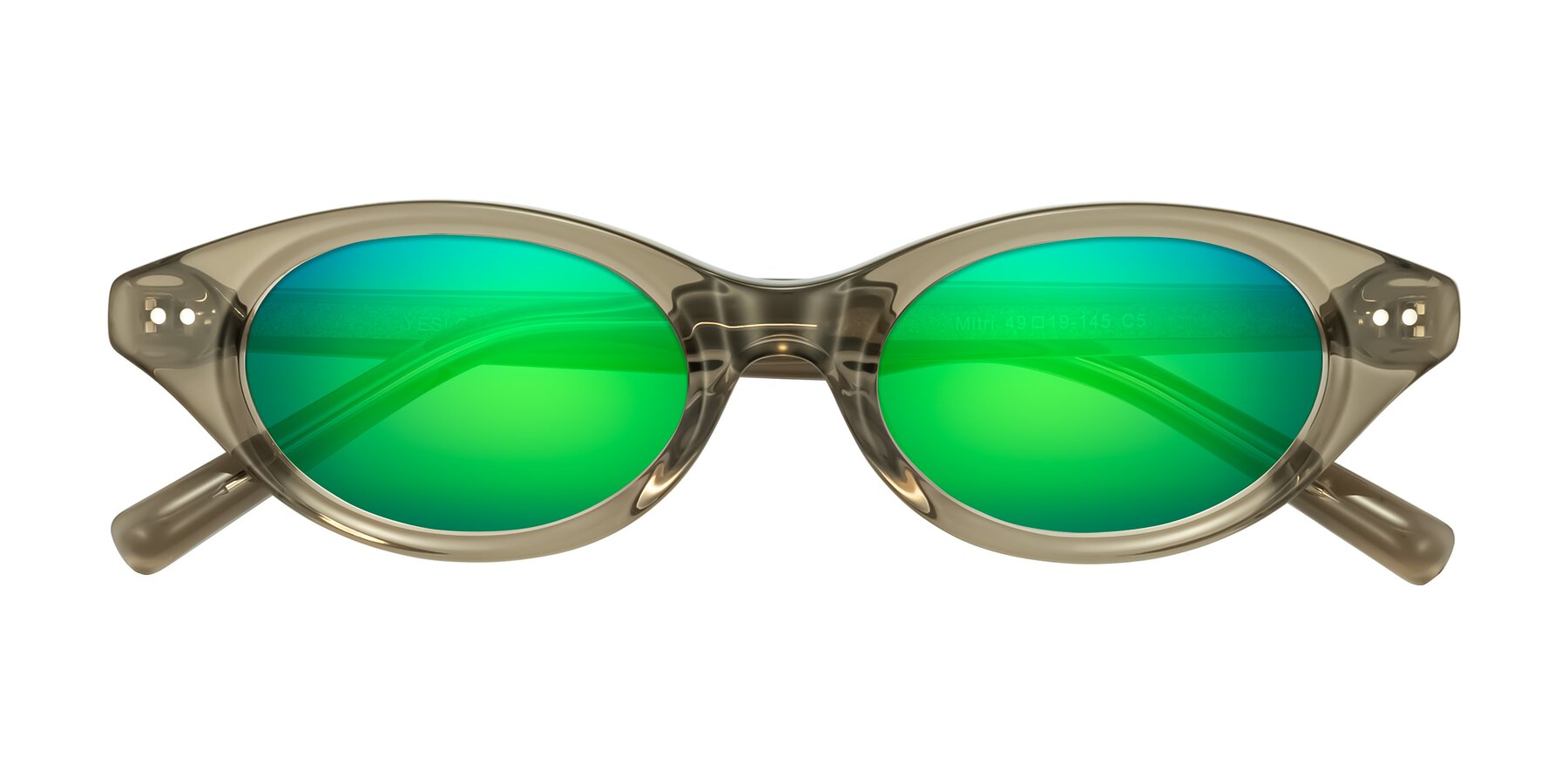 Folded Front of Mitri in Transparent Warm Olive with Green Mirrored Lenses