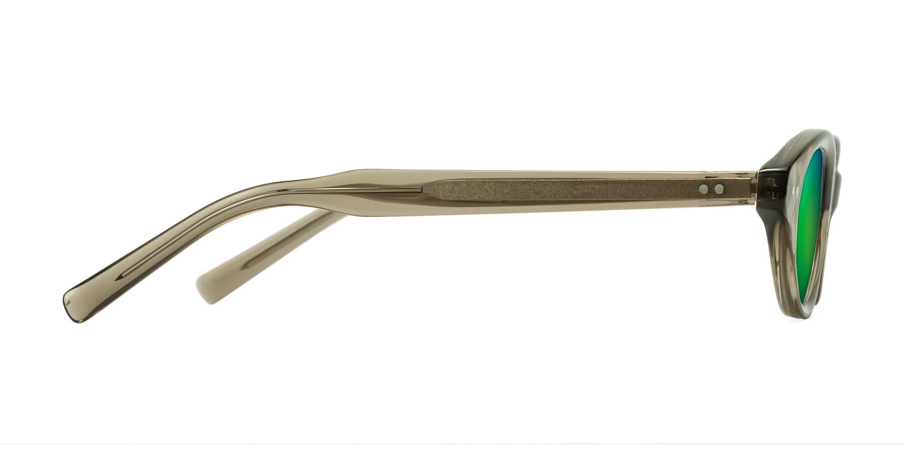 Side of Mitri in Transparent Warm Olive with Green Mirrored Lenses