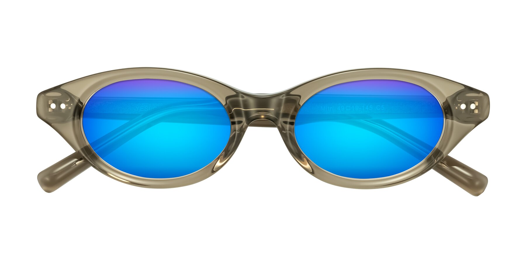Folded Front of Mitri in Transparent Warm Olive with Blue Mirrored Lenses