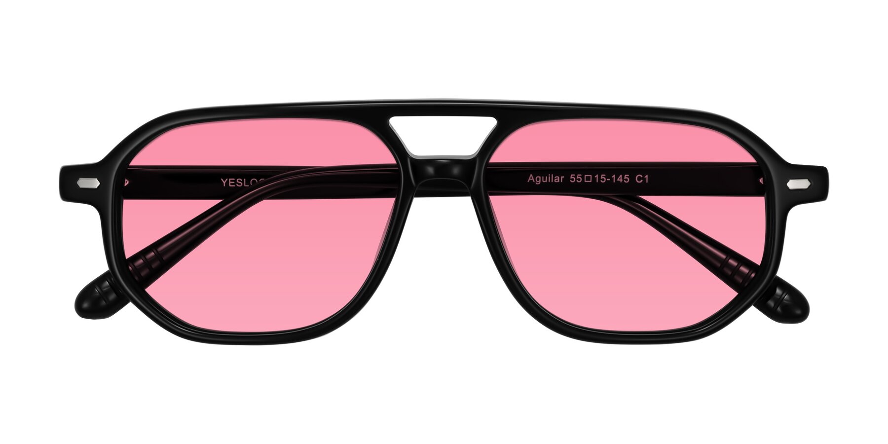 Folded Front of Aguilar in Black with Pink Tinted Lenses
