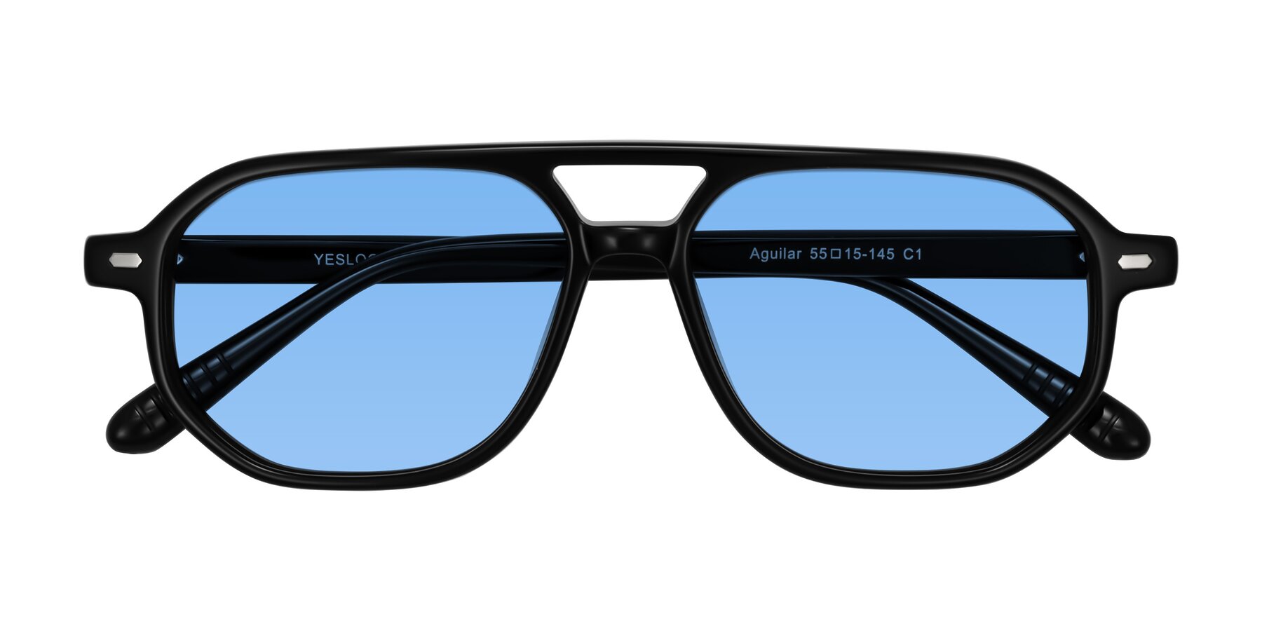 Folded Front of Aguilar in Black with Medium Blue Tinted Lenses