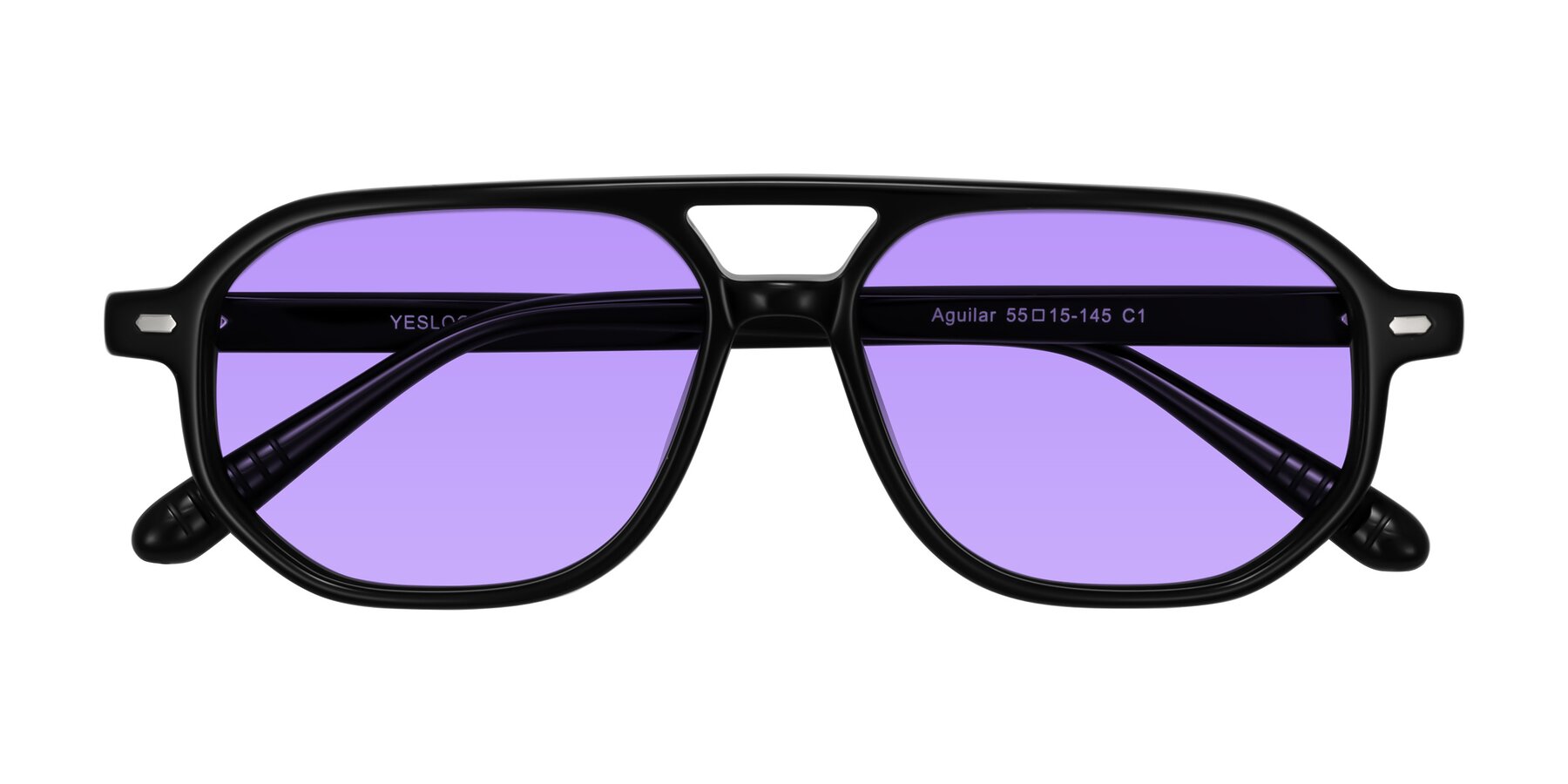 Folded Front of Aguilar in Black with Medium Purple Tinted Lenses