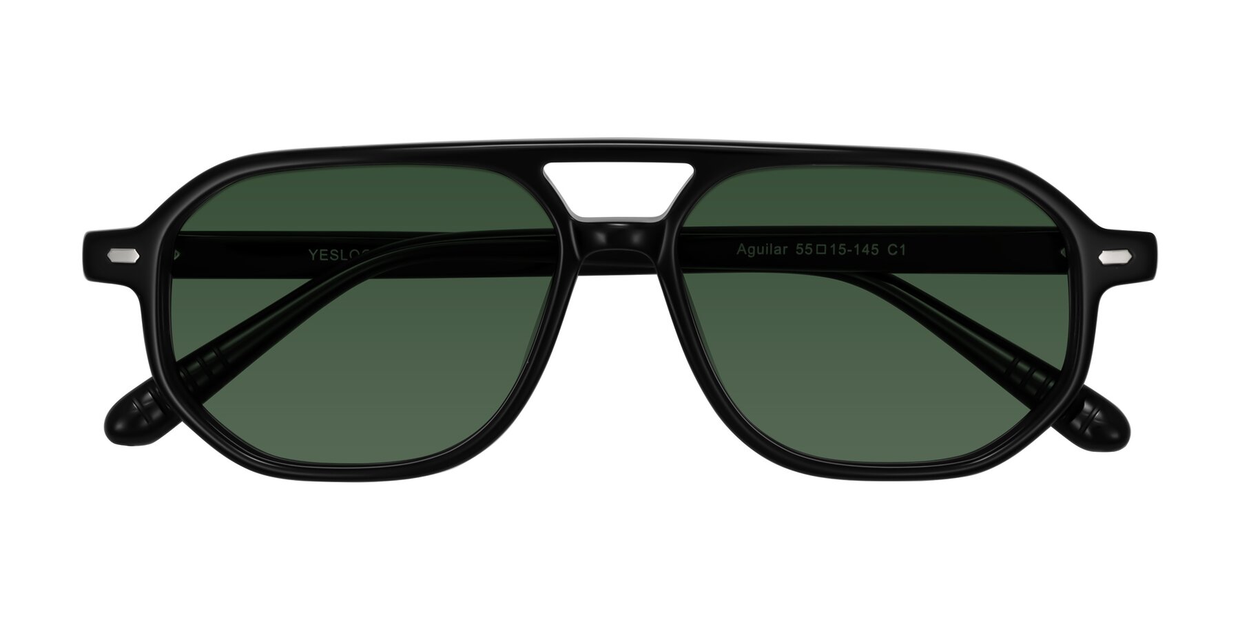Folded Front of Aguilar in Black with Green Tinted Lenses