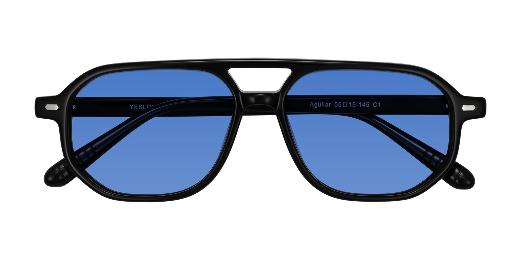 Folded Front of Aguilar in Black with Blue Tinted Lenses