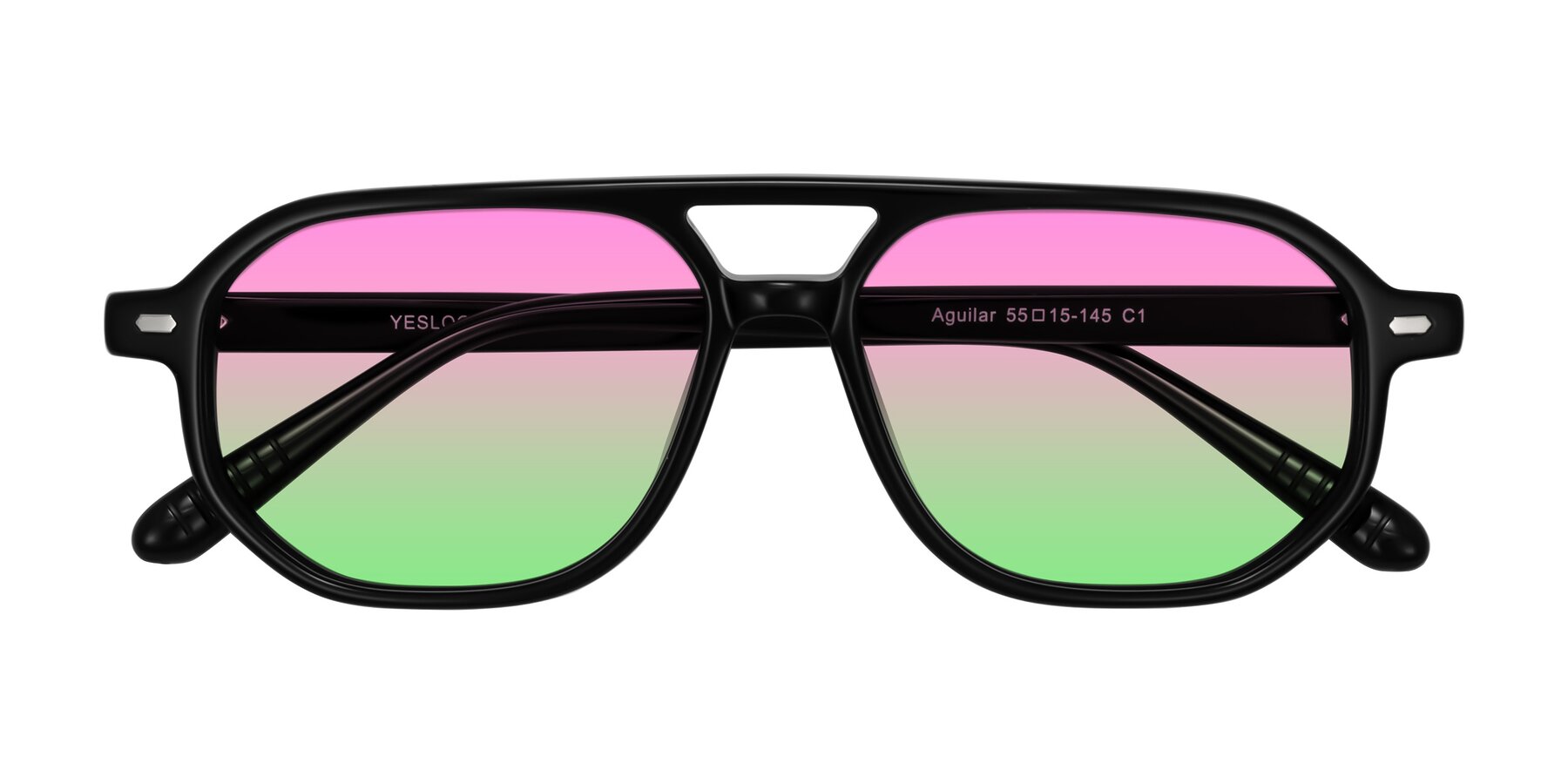 Folded Front of Aguilar in Black with Pink / Green Gradient Lenses