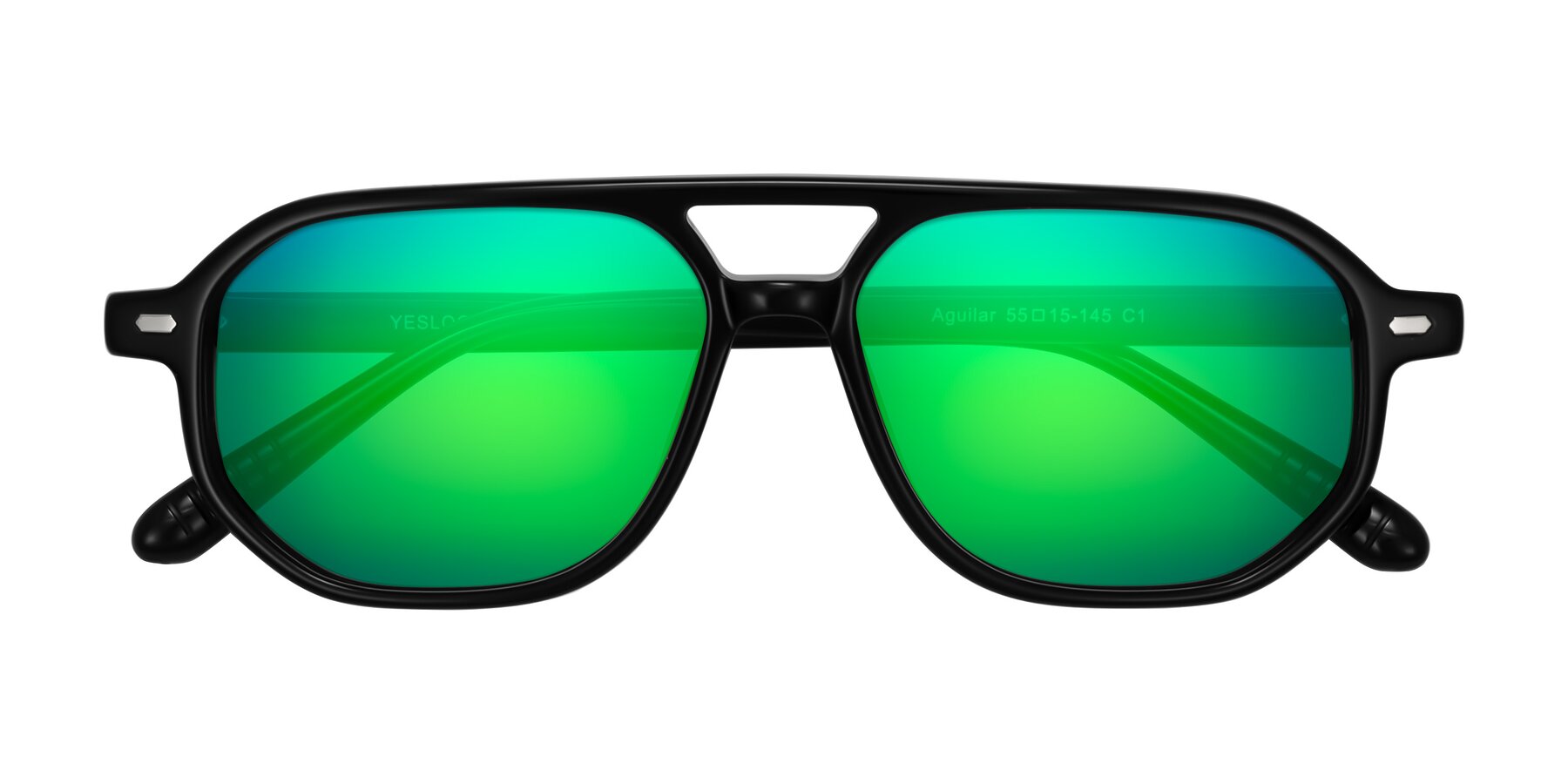 Folded Front of Aguilar in Black with Green Mirrored Lenses