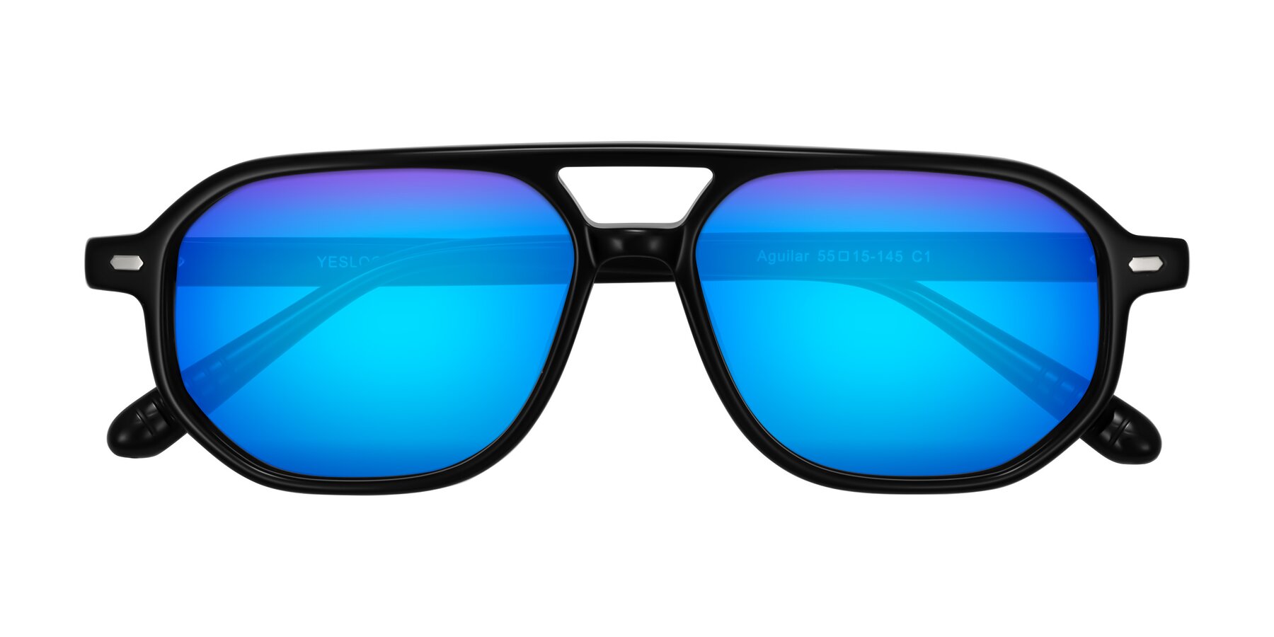 Folded Front of Aguilar in Black with Blue Mirrored Lenses