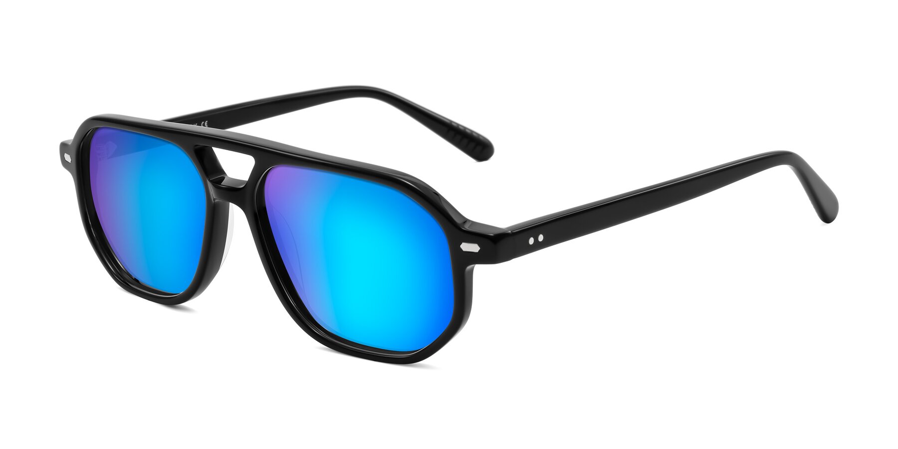 Angle of Aguilar in Black with Blue Mirrored Lenses