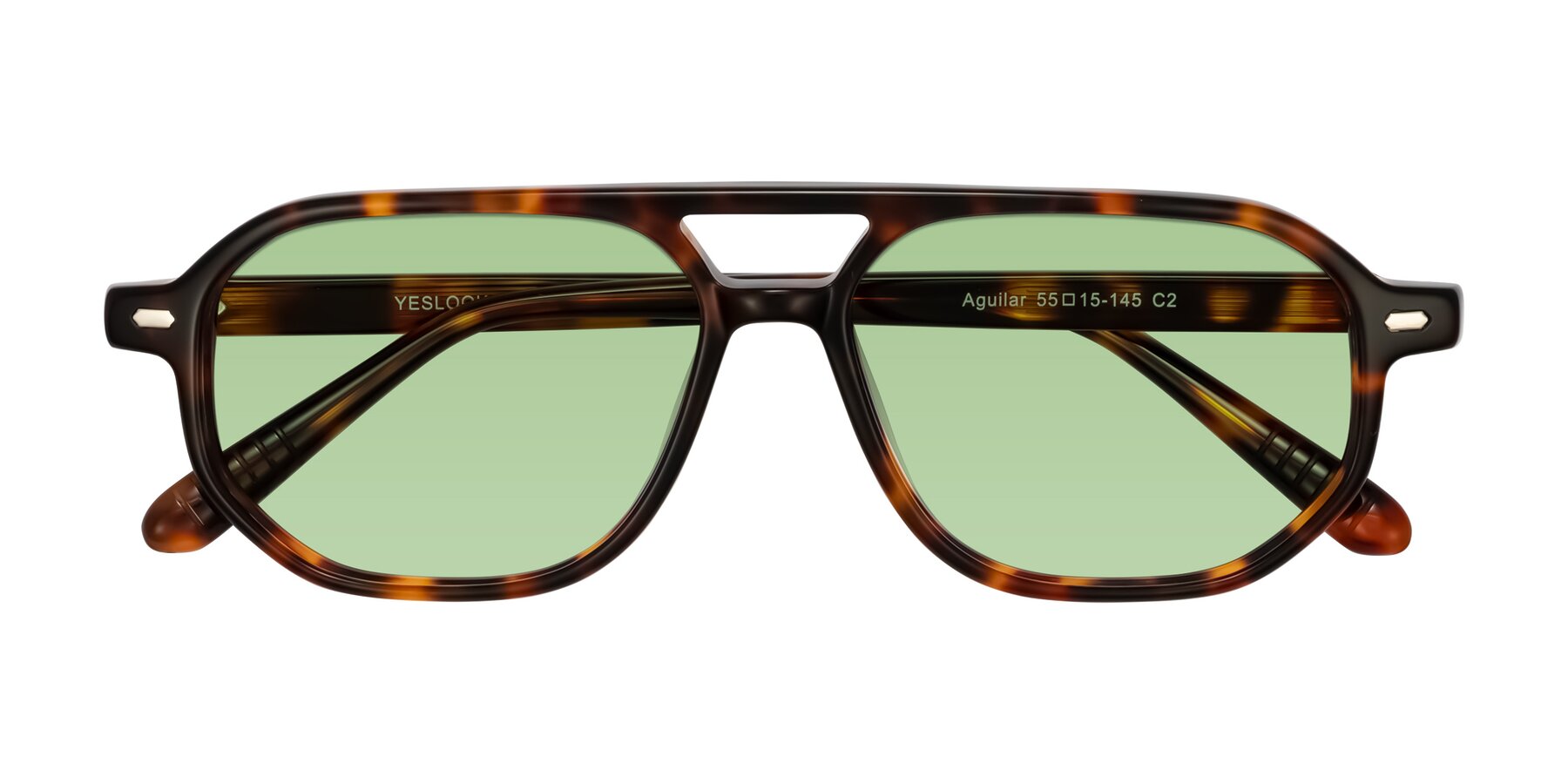 Folded Front of Aguilar in Tortoise with Medium Green Tinted Lenses