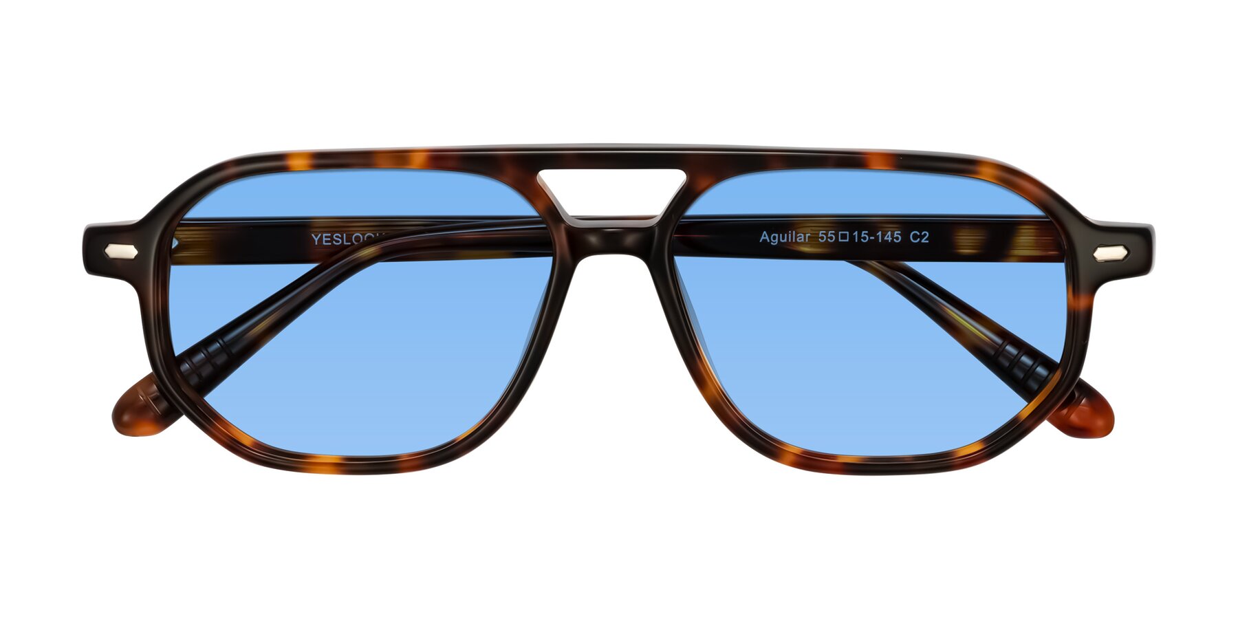 Folded Front of Aguilar in Tortoise with Medium Blue Tinted Lenses