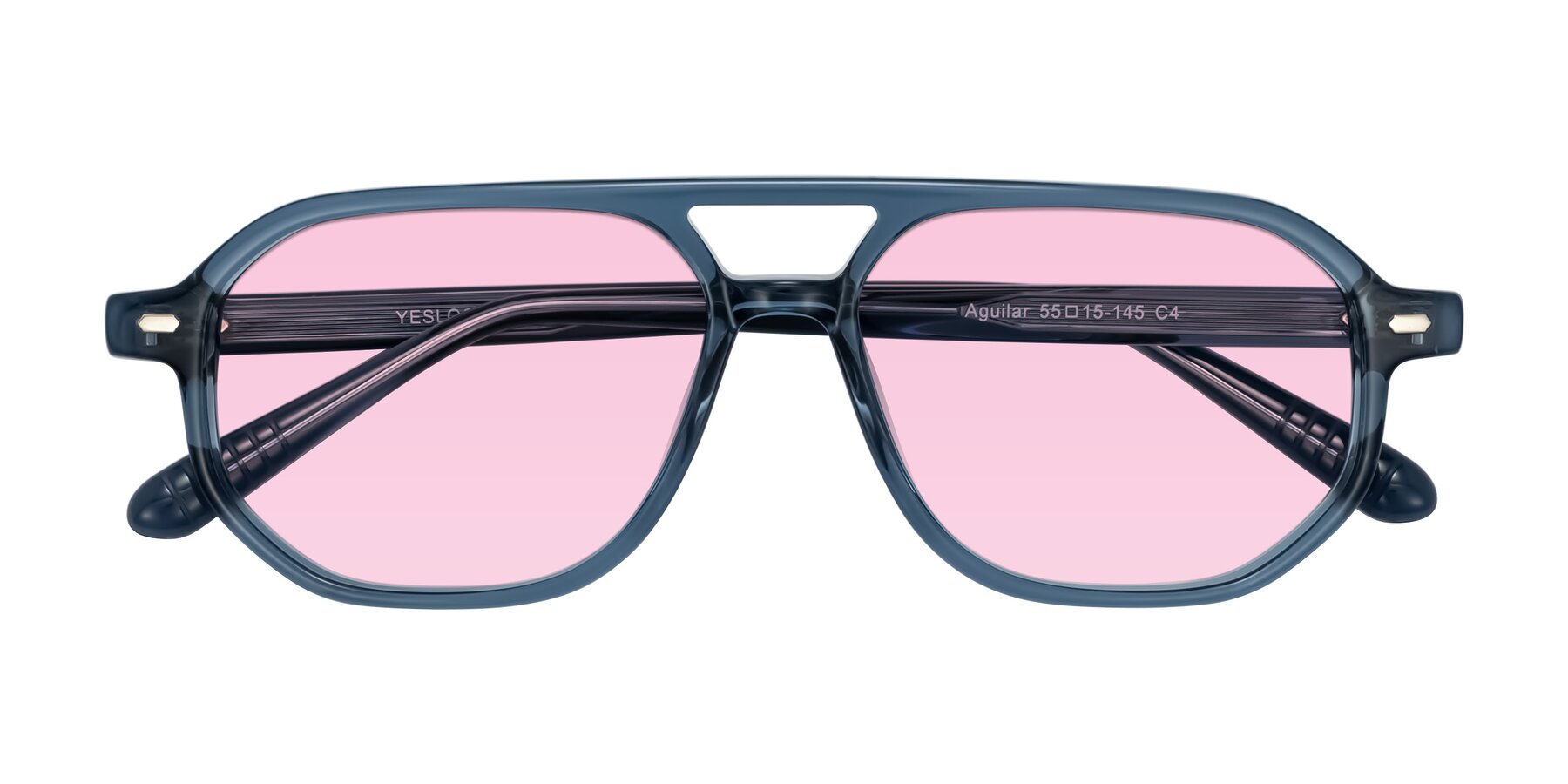 Folded Front of Aguilar in Transparent Blue with Light Pink Tinted Lenses