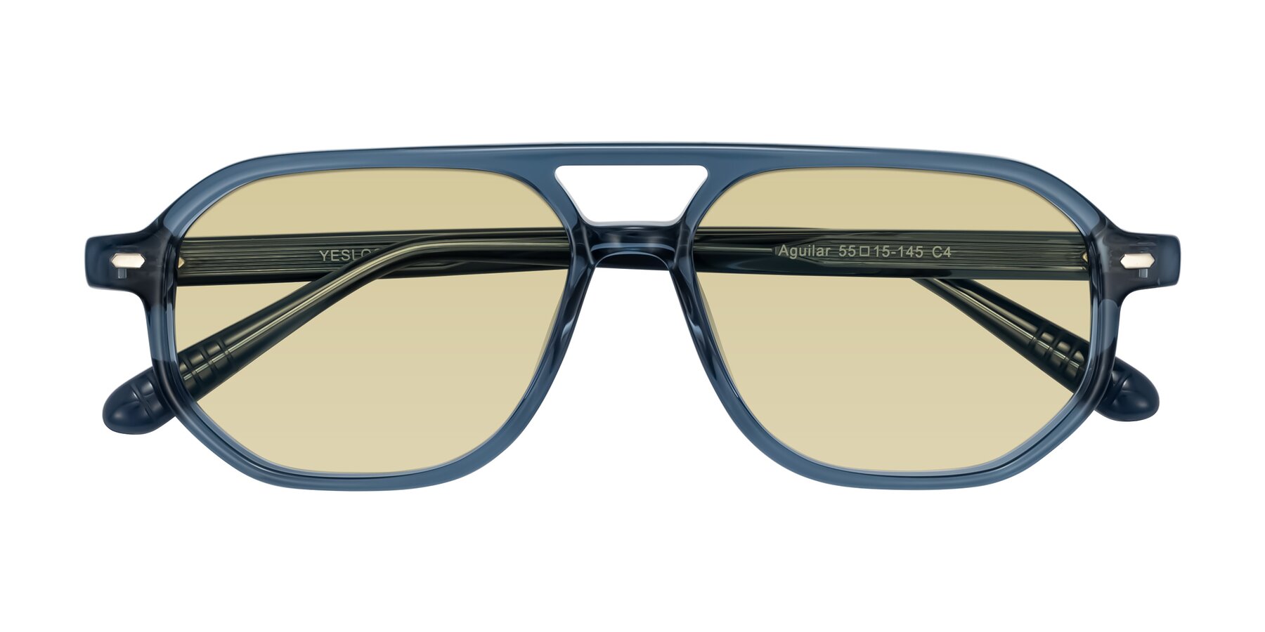 Folded Front of Aguilar in Transparent Blue with Light Champagne Tinted Lenses