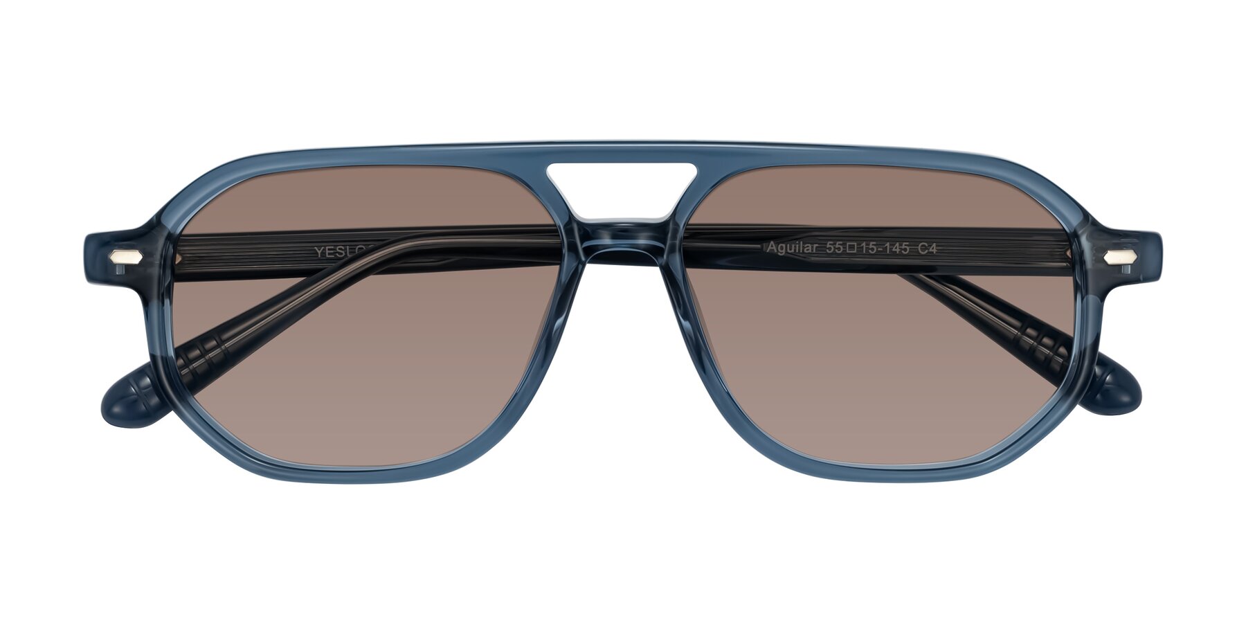 Folded Front of Aguilar in Transparent Blue with Medium Brown Tinted Lenses