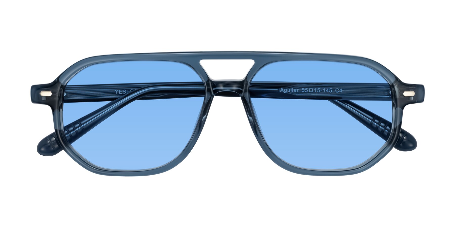 Folded Front of Aguilar in Transparent Blue with Medium Blue Tinted Lenses