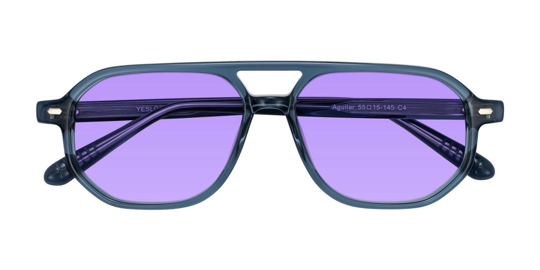 Folded Front of Aguilar in Transparent Blue with Medium Purple Tinted Lenses