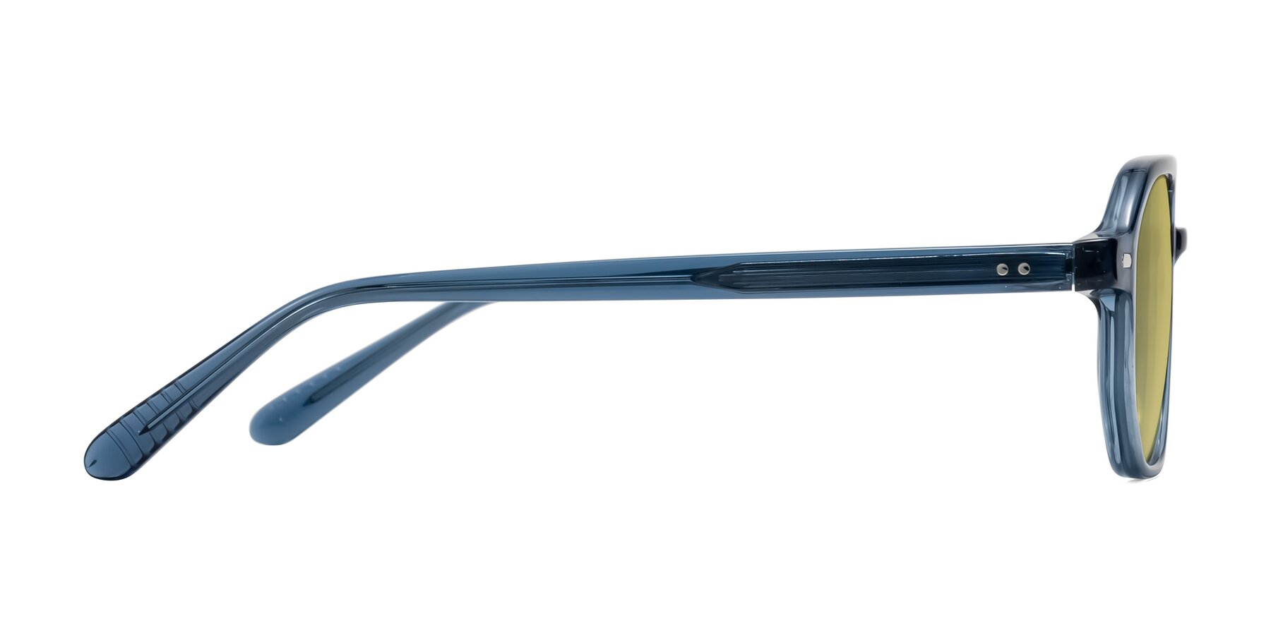 Side of Aguilar in Transparent Blue with Medium Champagne Tinted Lenses