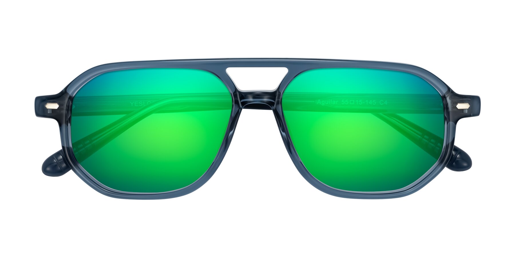 Folded Front of Aguilar in Transparent Blue with Green Mirrored Lenses