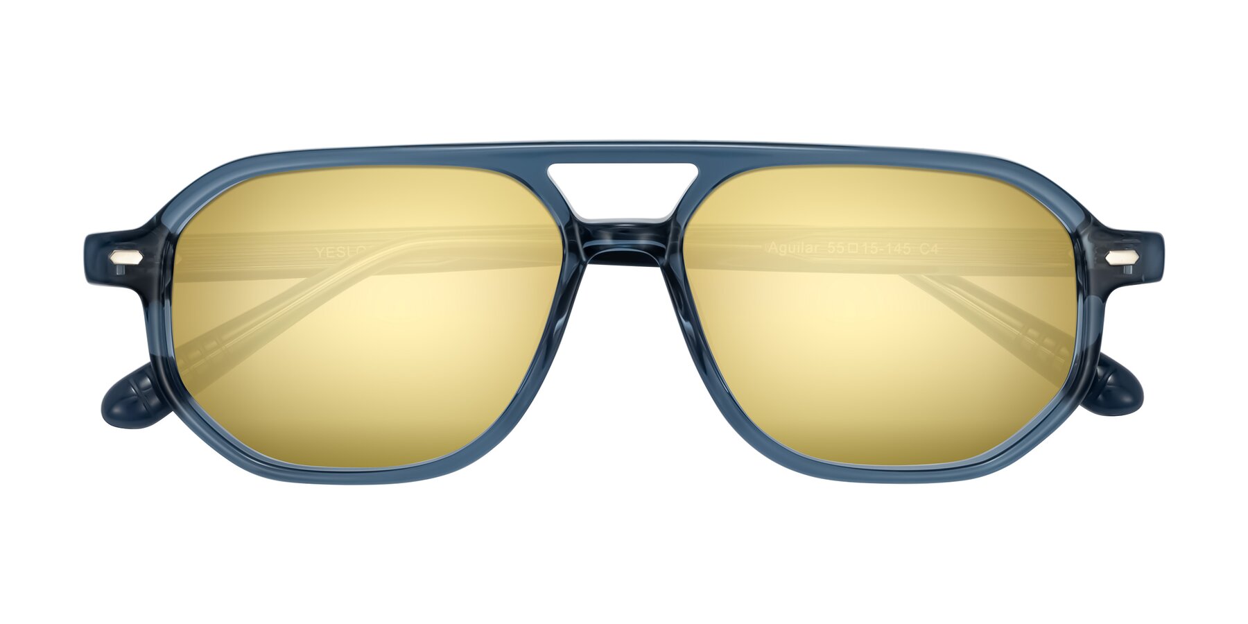 Folded Front of Aguilar in Transparent Blue with Gold Mirrored Lenses