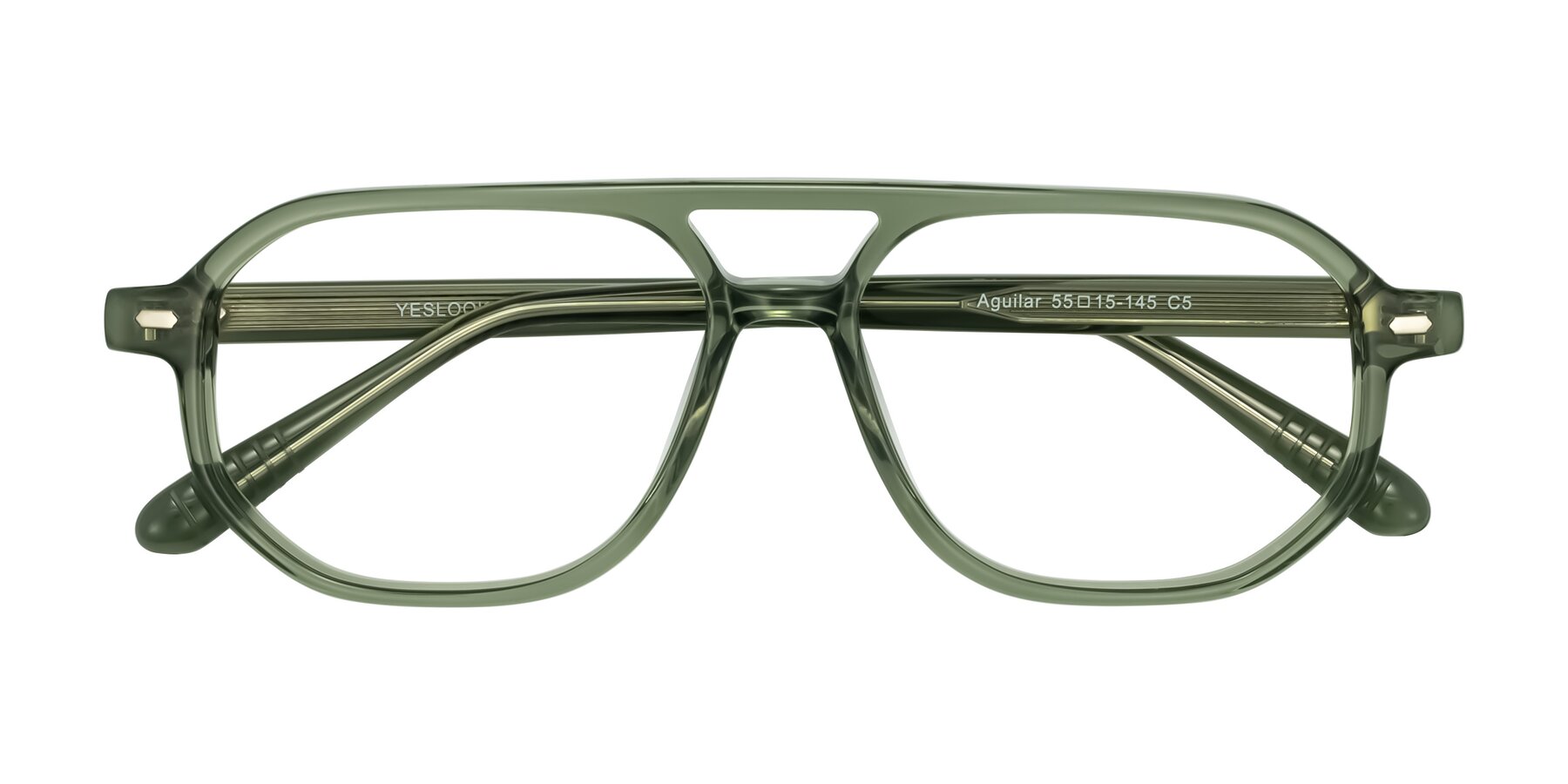 Folded Front of Aguilar in Transparent Green with Clear Eyeglass Lenses