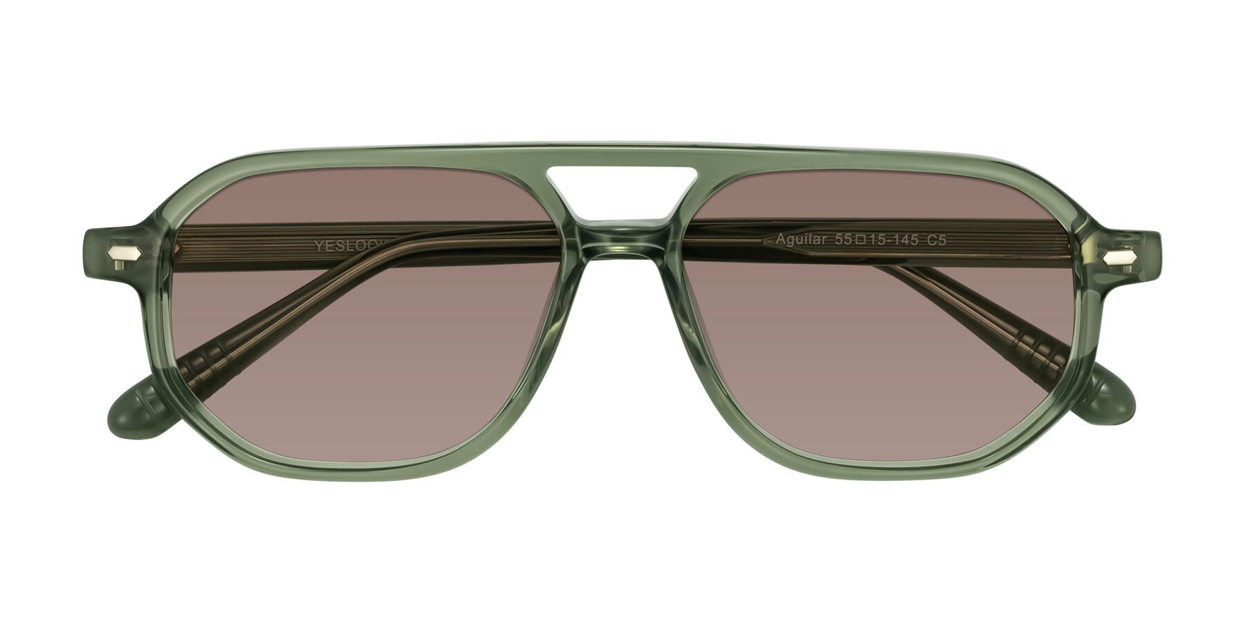 Folded Front of Aguilar in Transparent Green with Medium Brown Tinted Lenses