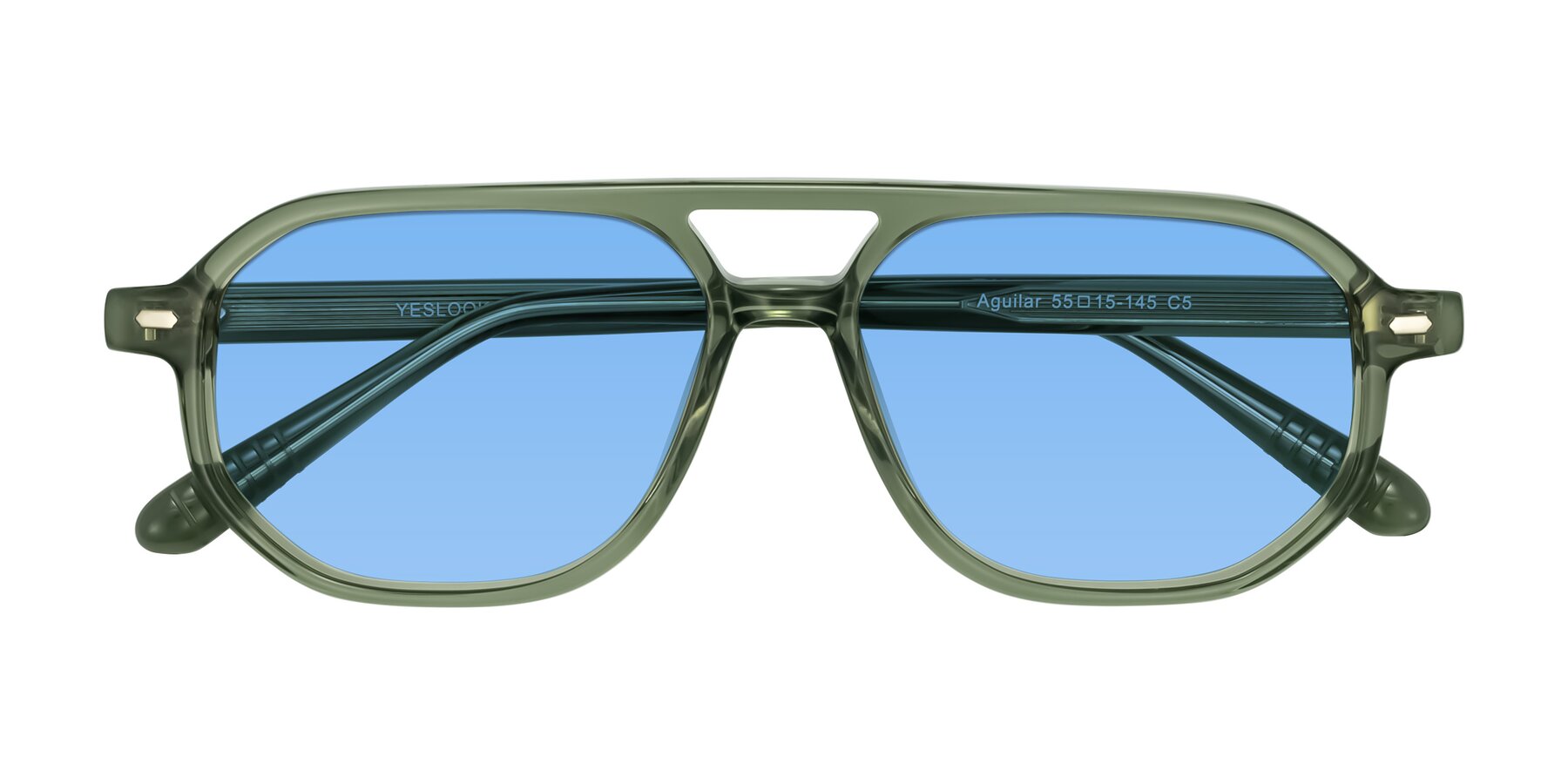 Folded Front of Aguilar in Transparent Green with Medium Blue Tinted Lenses