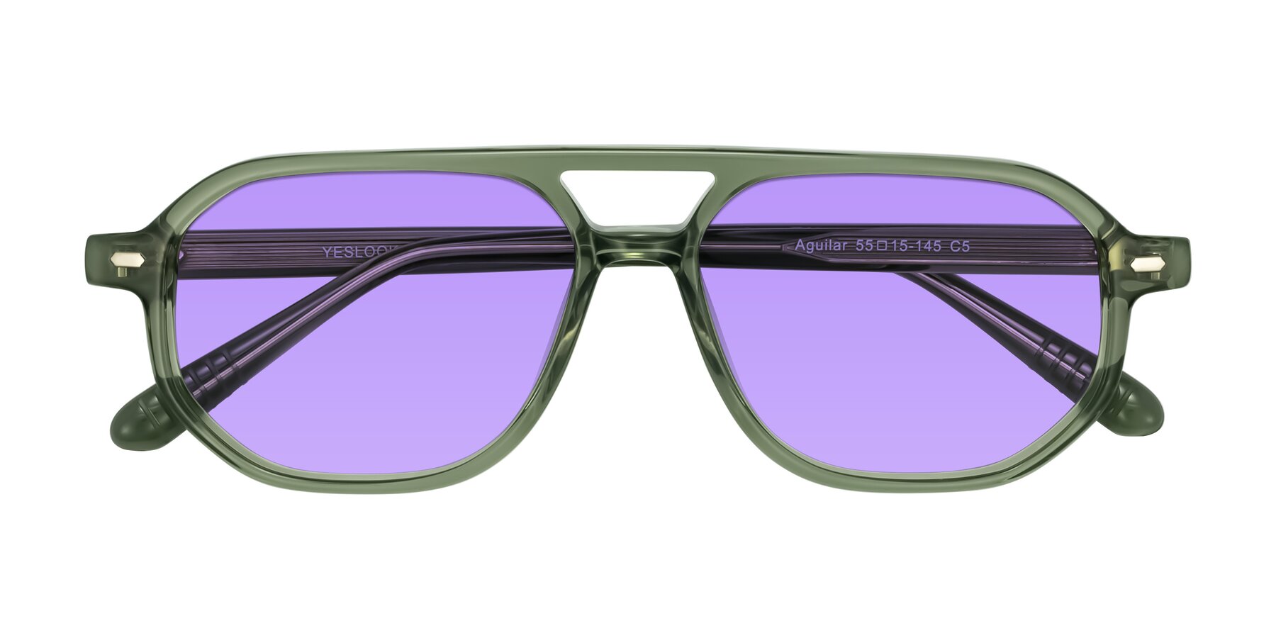 Folded Front of Aguilar in Transparent Green with Medium Purple Tinted Lenses
