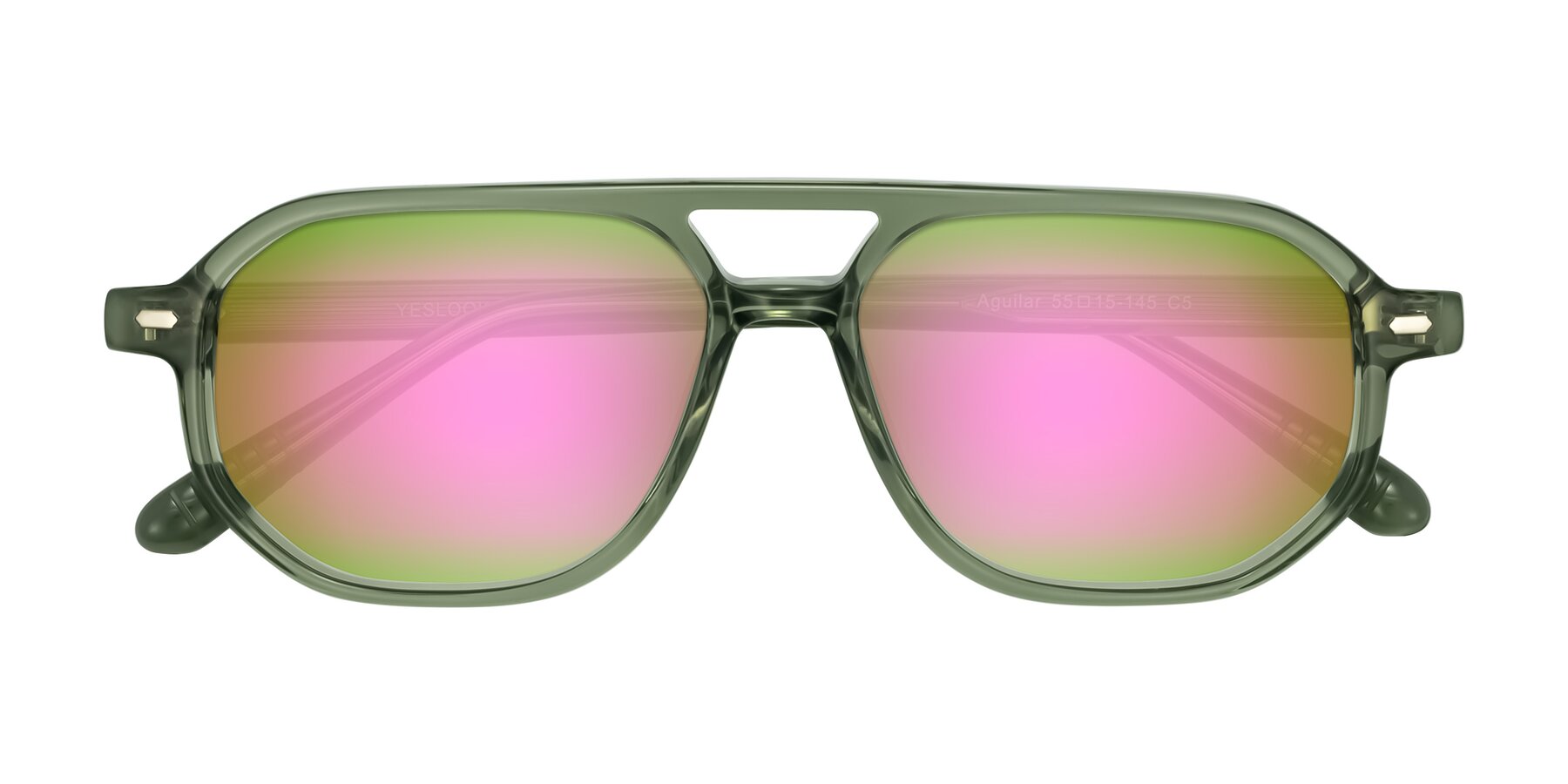 Folded Front of Aguilar in Transparent Green with Pink Mirrored Lenses