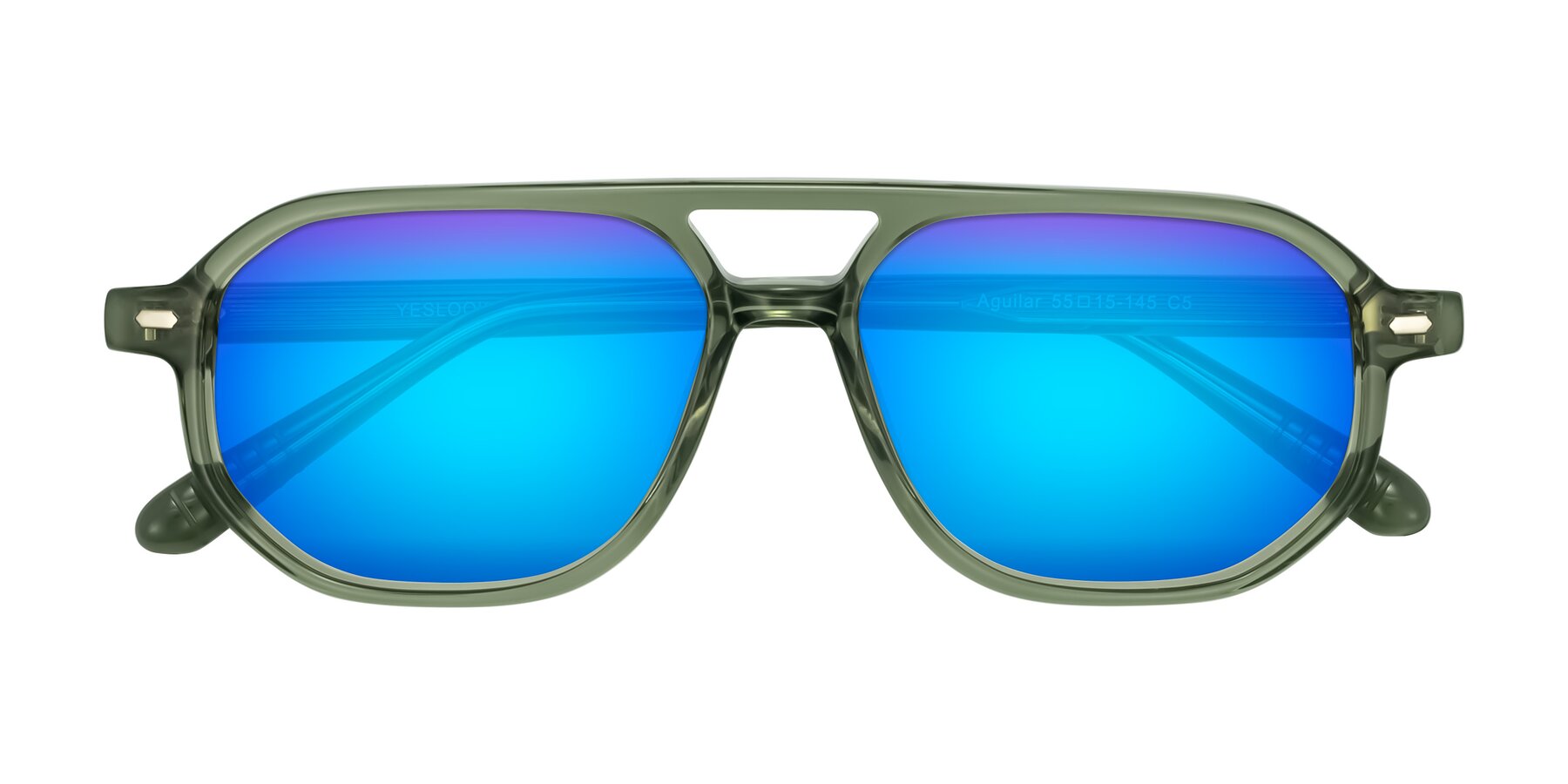 Folded Front of Aguilar in Transparent Green with Blue Mirrored Lenses