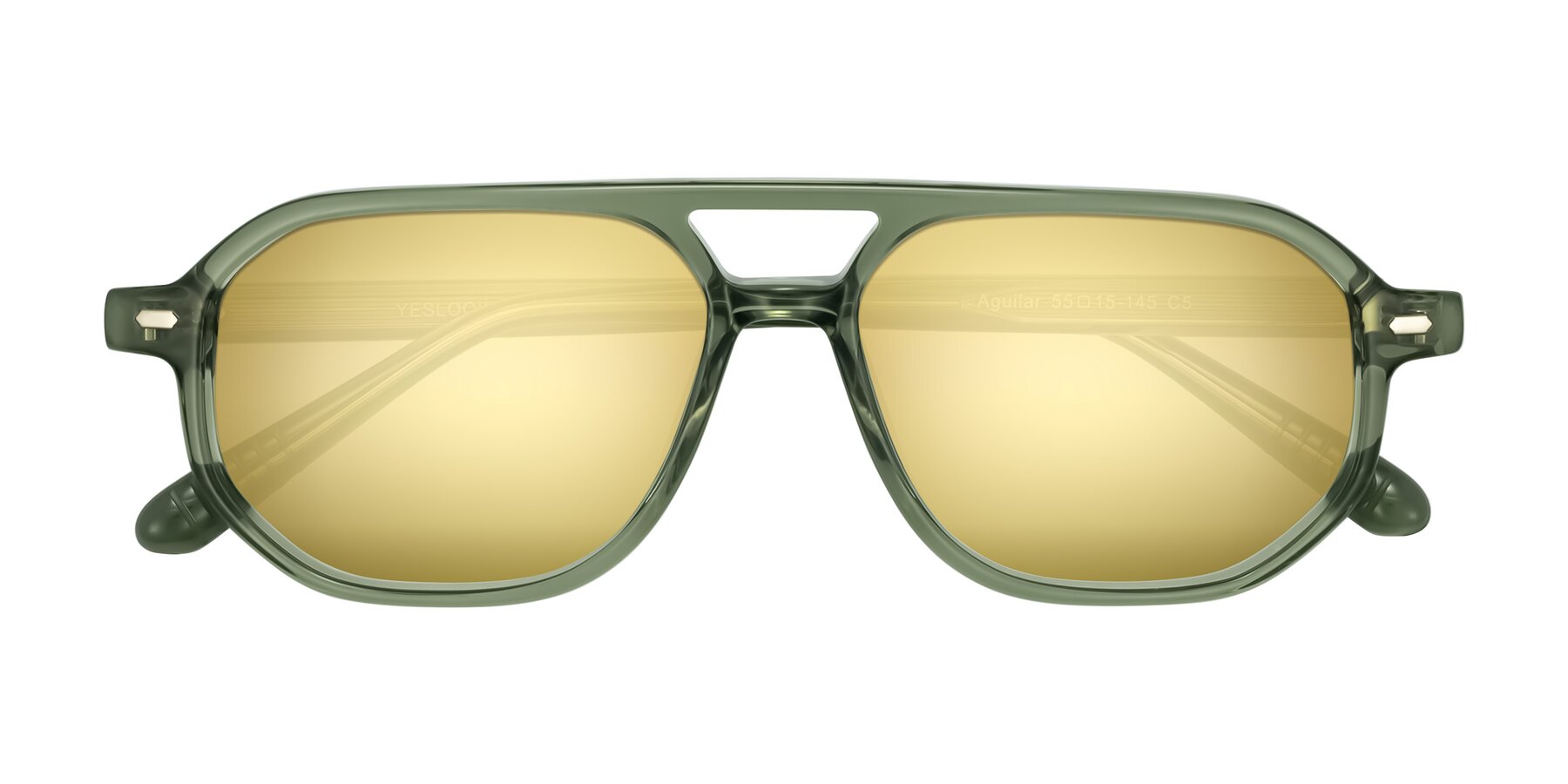 Folded Front of Aguilar in Transparent Green with Gold Mirrored Lenses