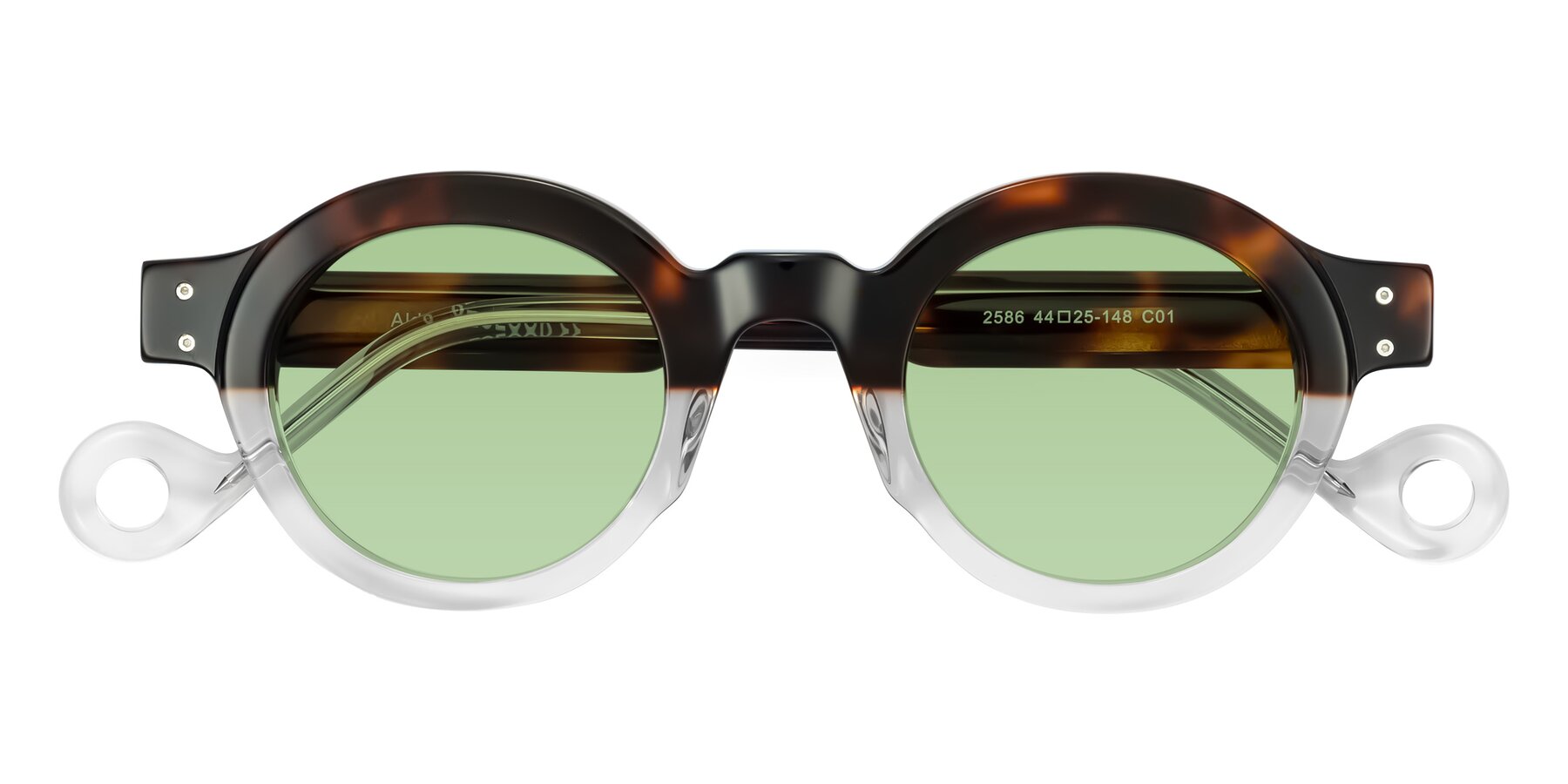 Folded Front of Aldo in Tortoise/Clear with Medium Green Tinted Lenses
