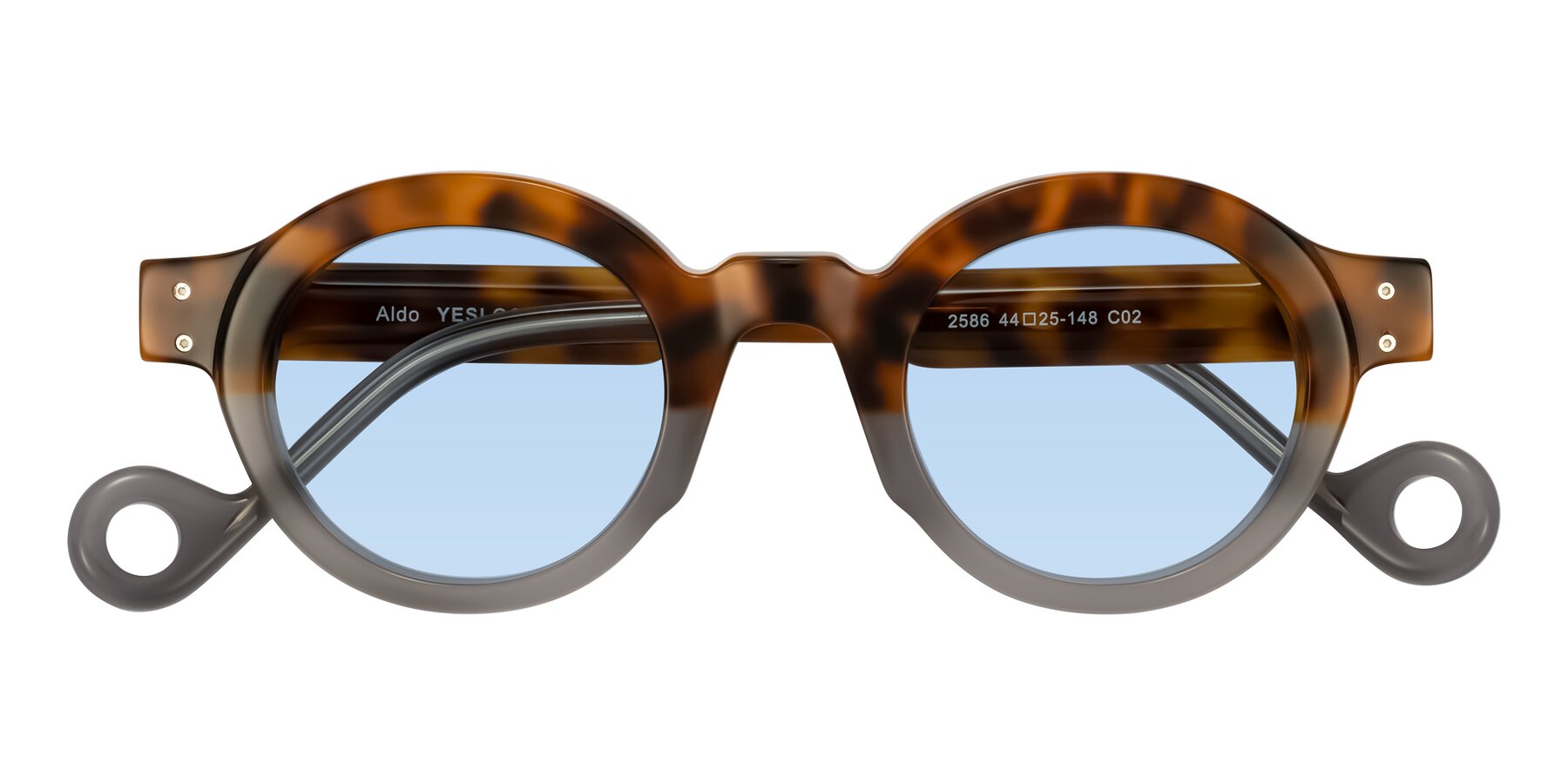 Folded Front of Aldo in Tortoise/Gray with Light Blue Tinted Lenses