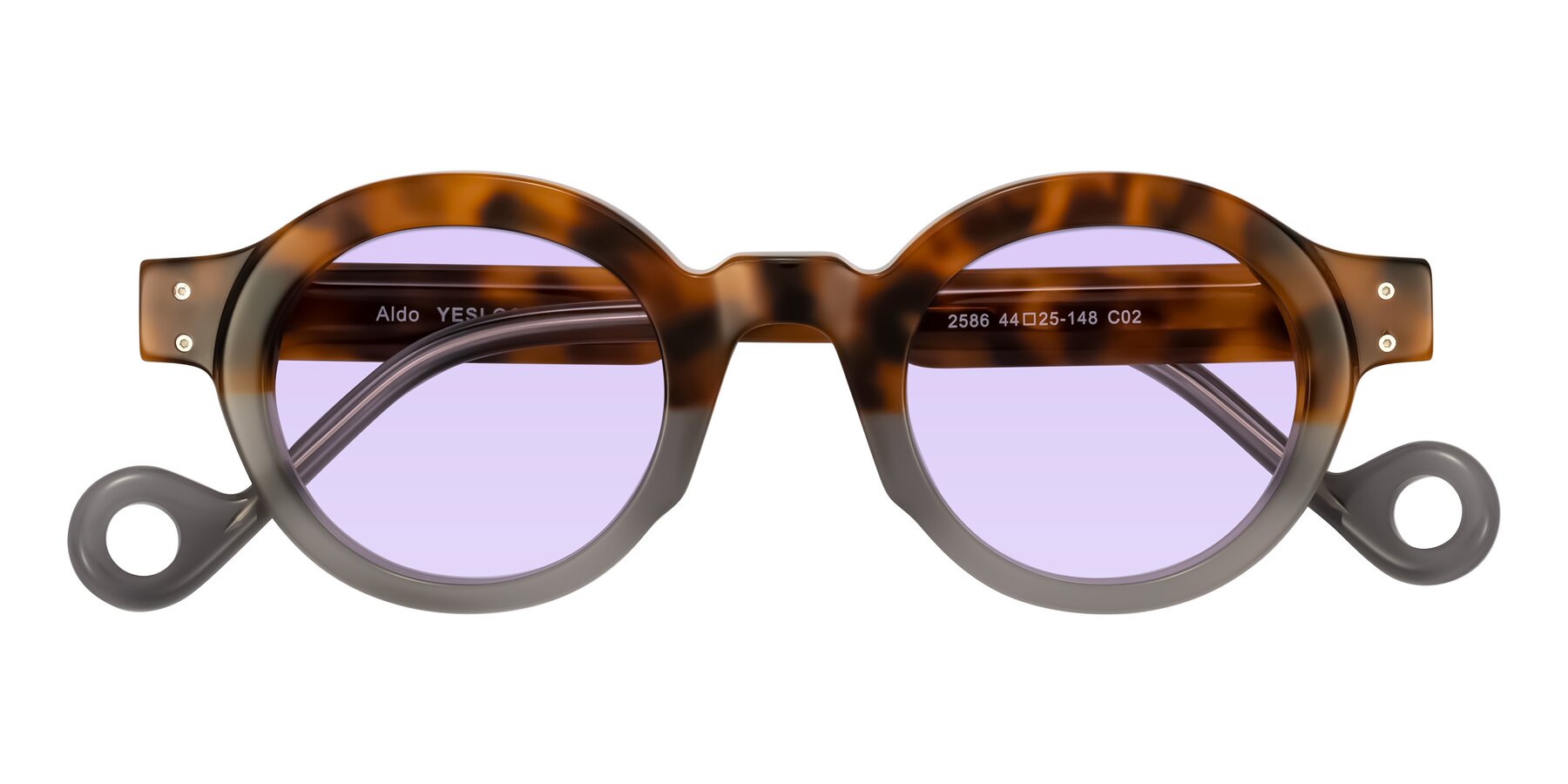 Folded Front of Aldo in Tortoise/Gray with Light Purple Tinted Lenses