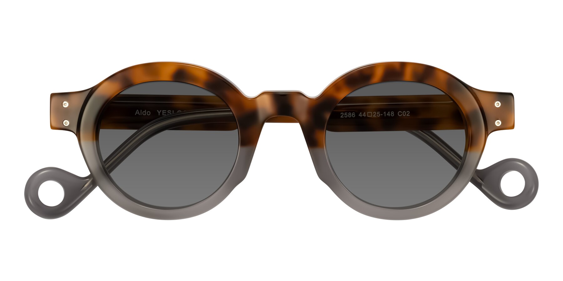 Folded Front of Aldo in Tortoise/Gray with Medium Gray Tinted Lenses