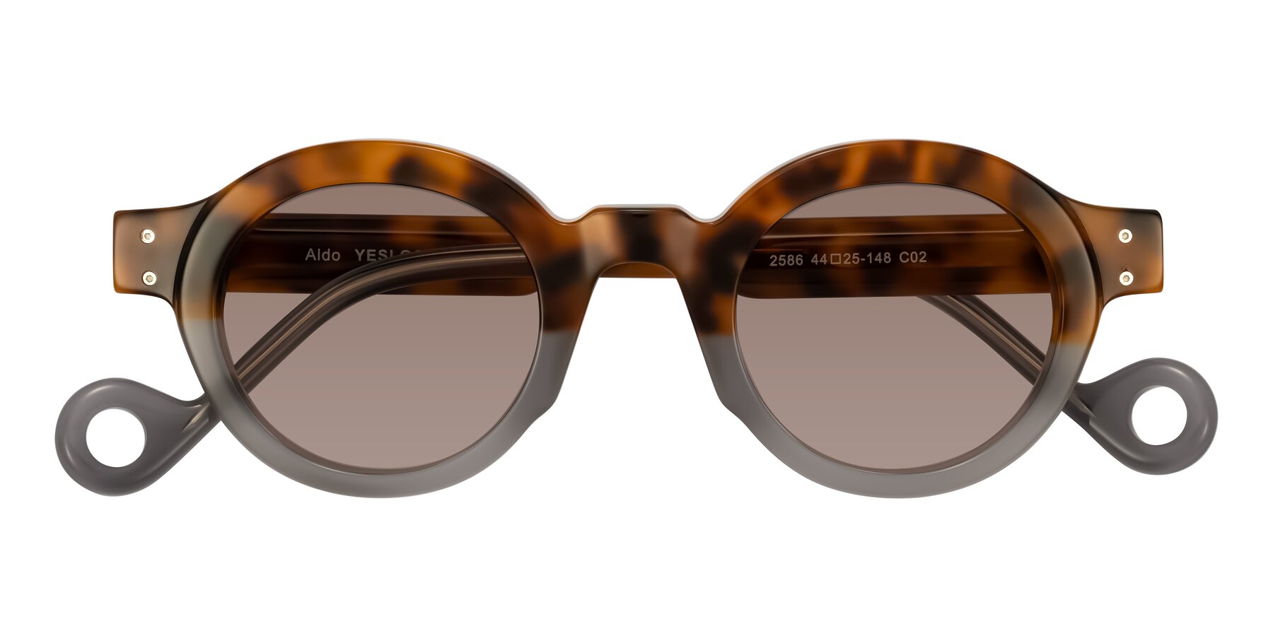 Folded Front of Aldo in Tortoise/Gray with Medium Brown Tinted Lenses