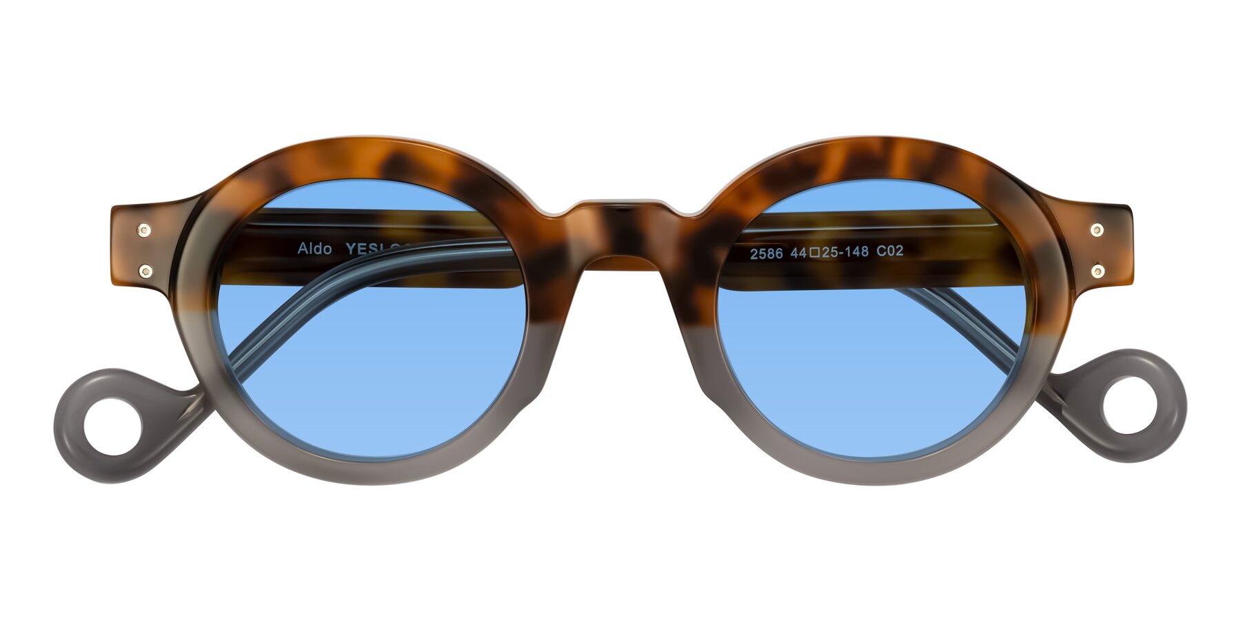 Folded Front of Aldo in Tortoise/Gray with Medium Blue Tinted Lenses