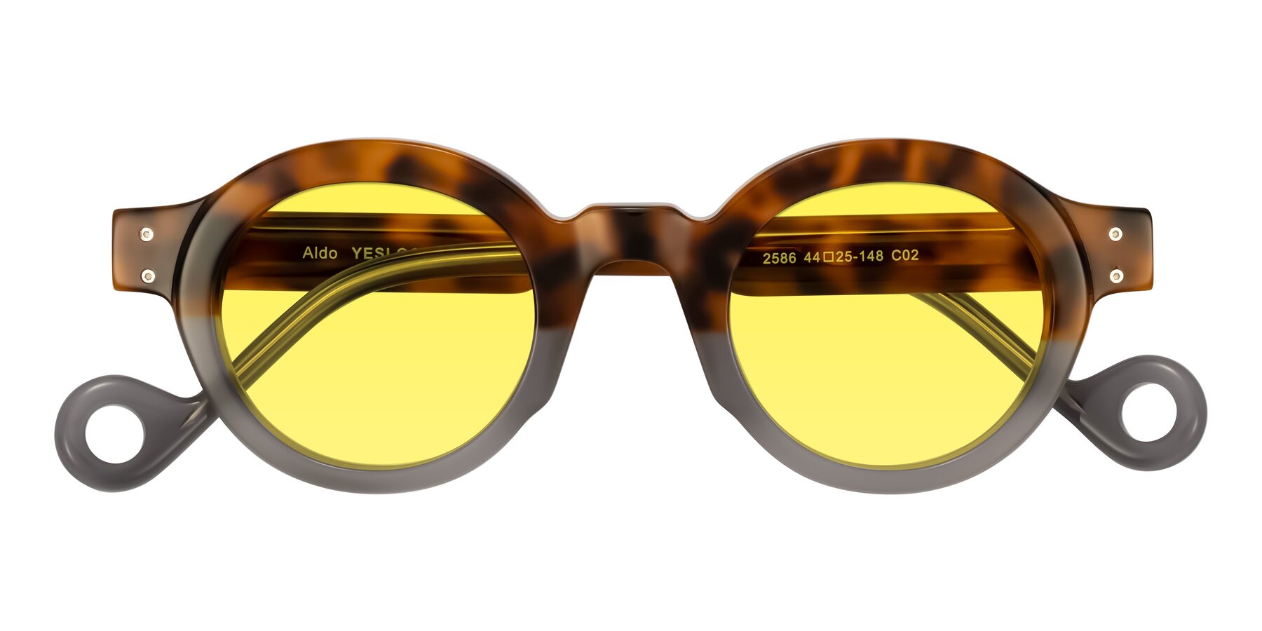 Folded Front of Aldo in Tortoise/Gray with Medium Yellow Tinted Lenses