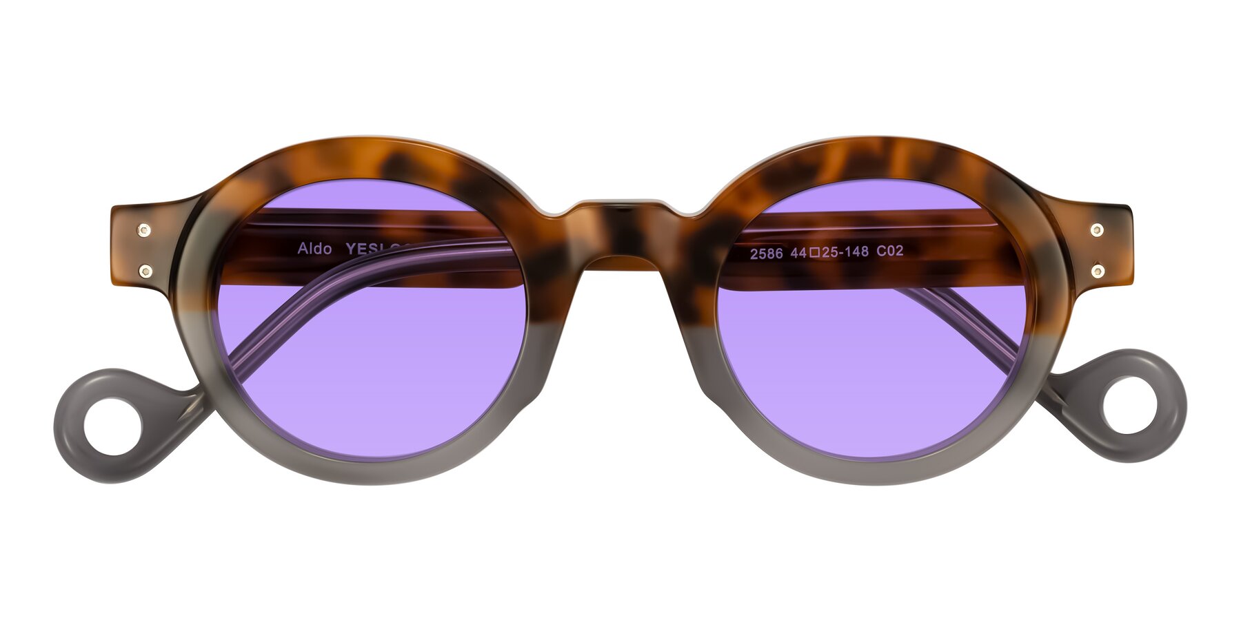 Folded Front of Aldo in Tortoise/Gray with Medium Purple Tinted Lenses