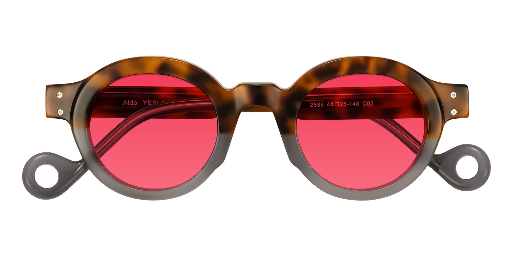 Folded Front of Aldo in Tortoise/Gray with Red Tinted Lenses