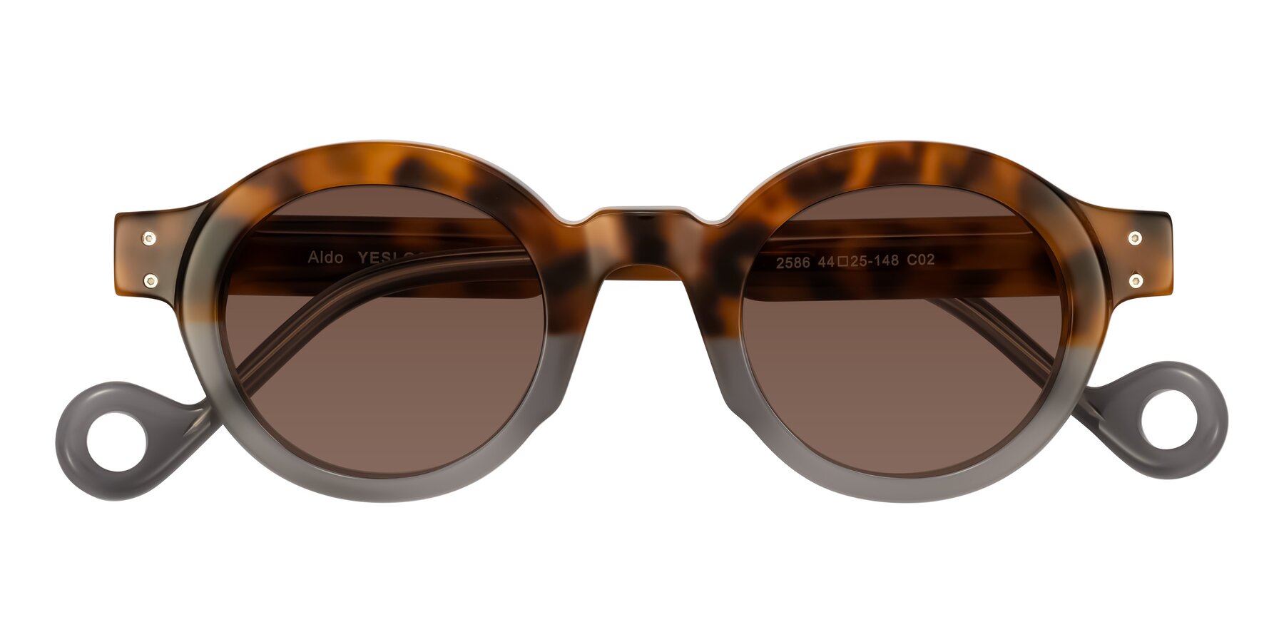Folded Front of Aldo in Tortoise/Gray with Brown Tinted Lenses