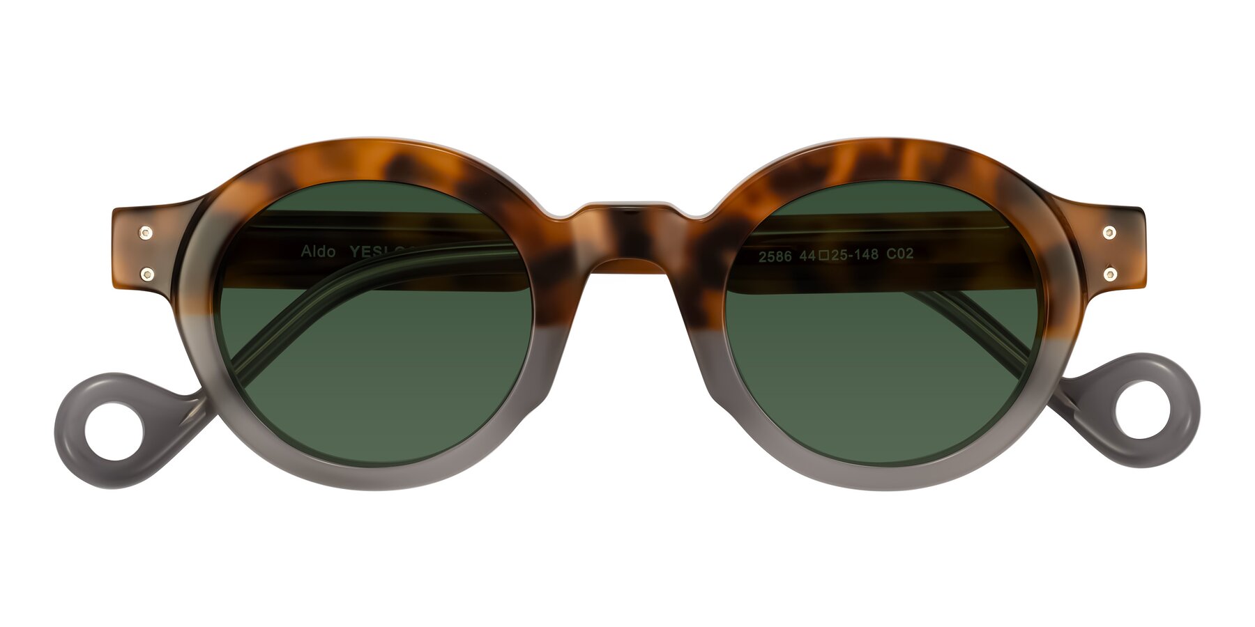 Folded Front of Aldo in Tortoise/Gray with Green Tinted Lenses