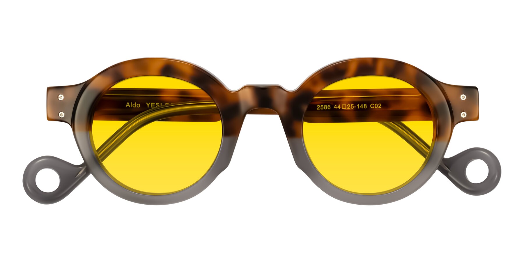 Folded Front of Aldo in Tortoise/Gray with Yellow Tinted Lenses