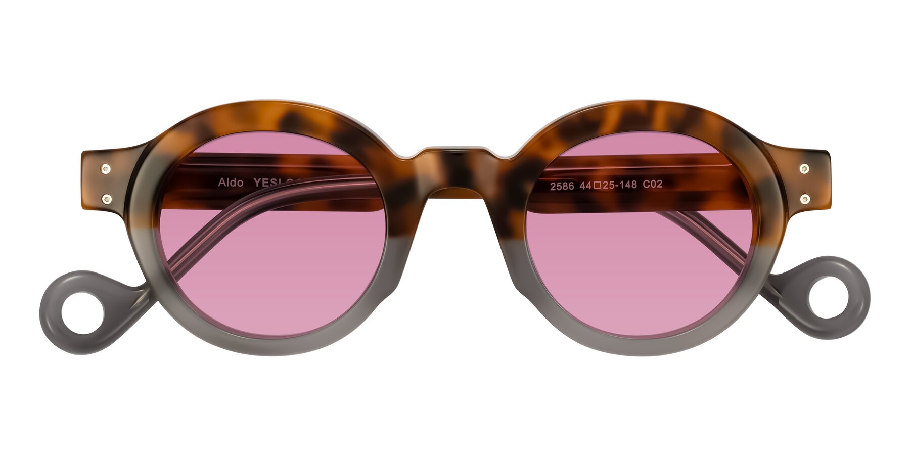 Folded Front of Aldo in Tortoise/Gray with Medium Wine Tinted Lenses