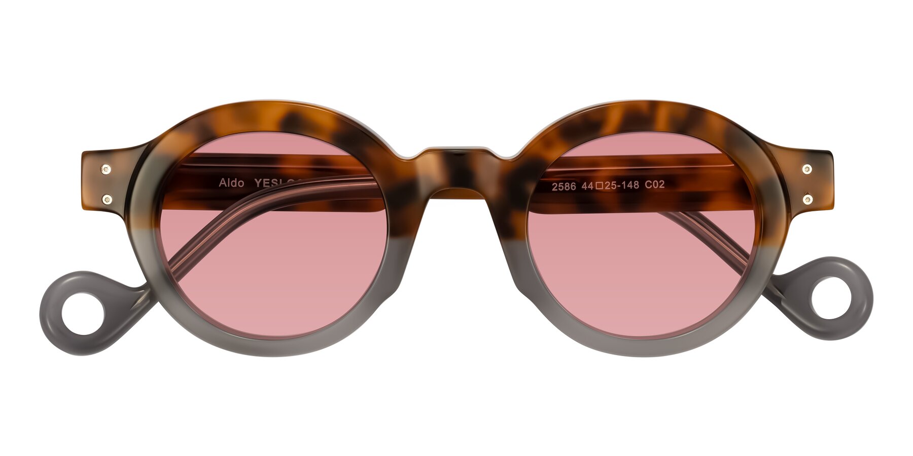 Folded Front of Aldo in Tortoise/Gray with Medium Garnet Tinted Lenses