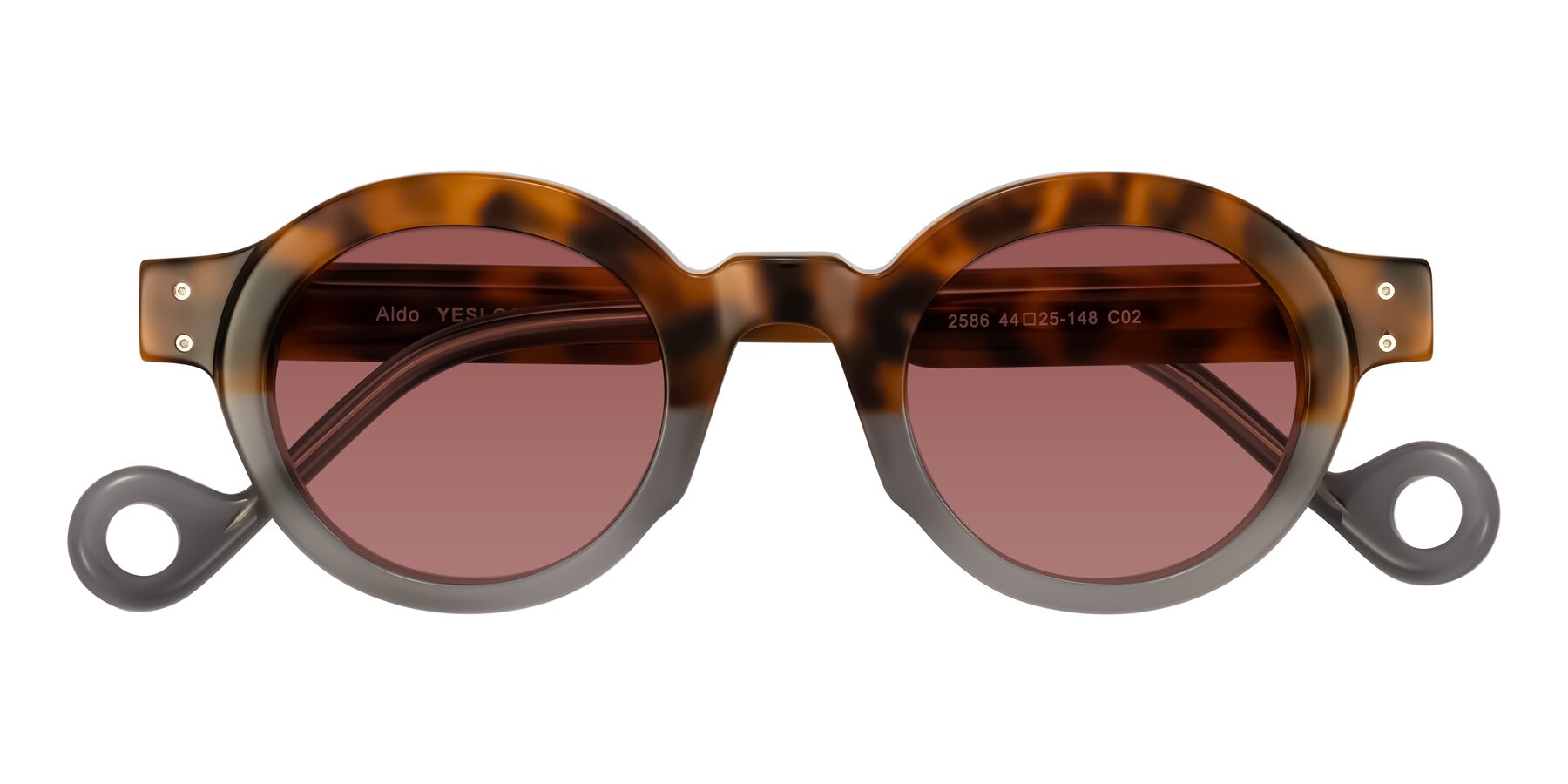 Folded Front of Aldo in Tortoise/Gray with Garnet Tinted Lenses
