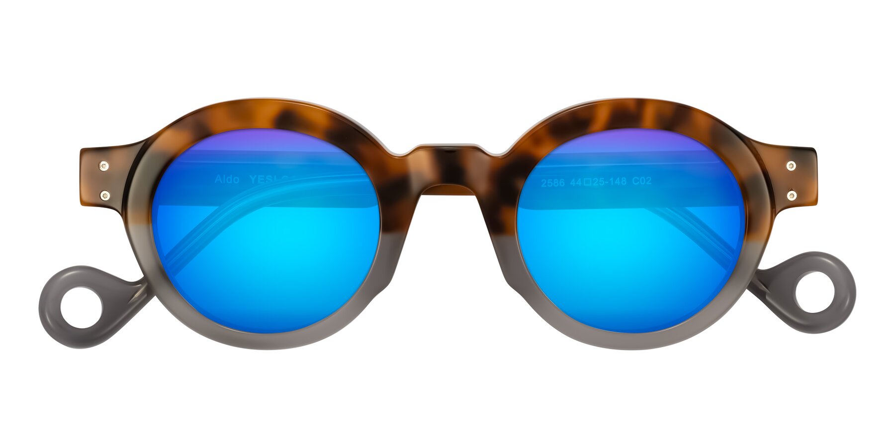 Folded Front of Aldo in Tortoise/Gray with Blue Mirrored Lenses