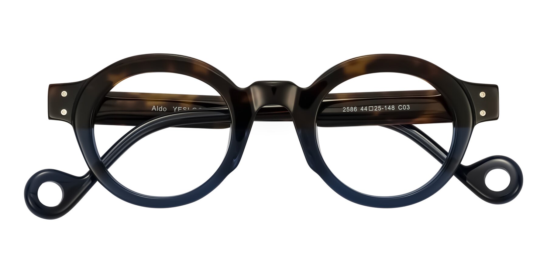 Folded Front of Aldo in Dark Tortoise/Midnight Blue with Clear Eyeglass Lenses