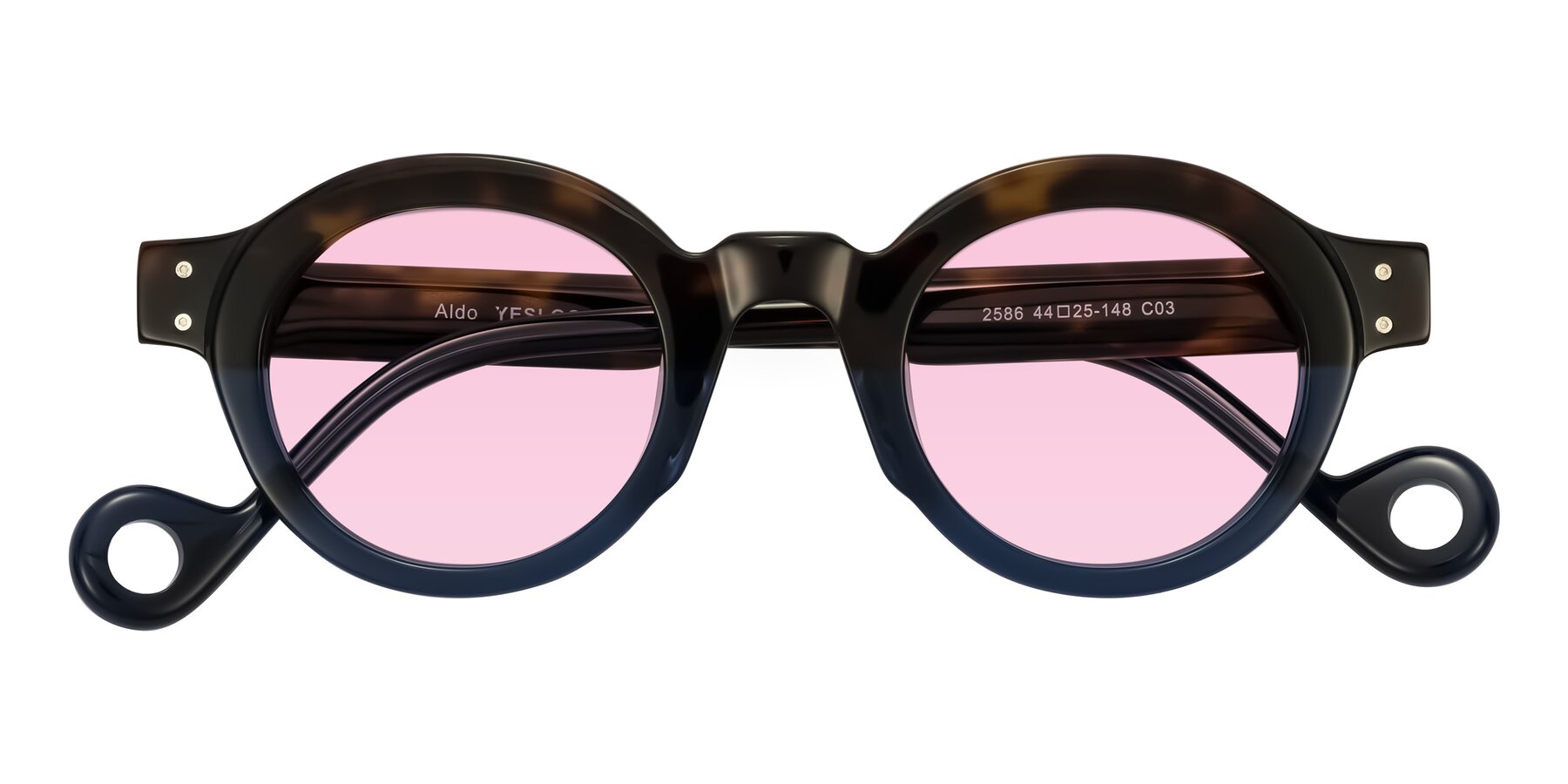 Folded Front of Aldo in Dark Tortoise/Midnight Blue with Light Pink Tinted Lenses