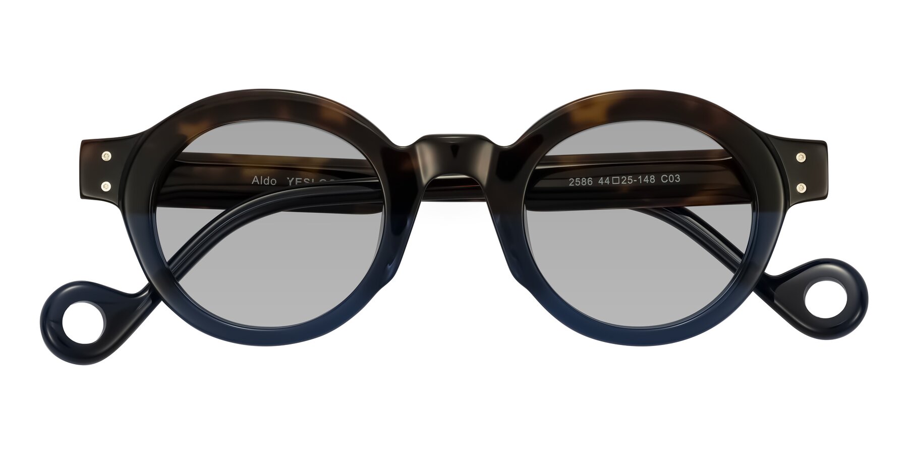 Folded Front of Aldo in Dark Tortoise/Midnight Blue with Light Gray Tinted Lenses