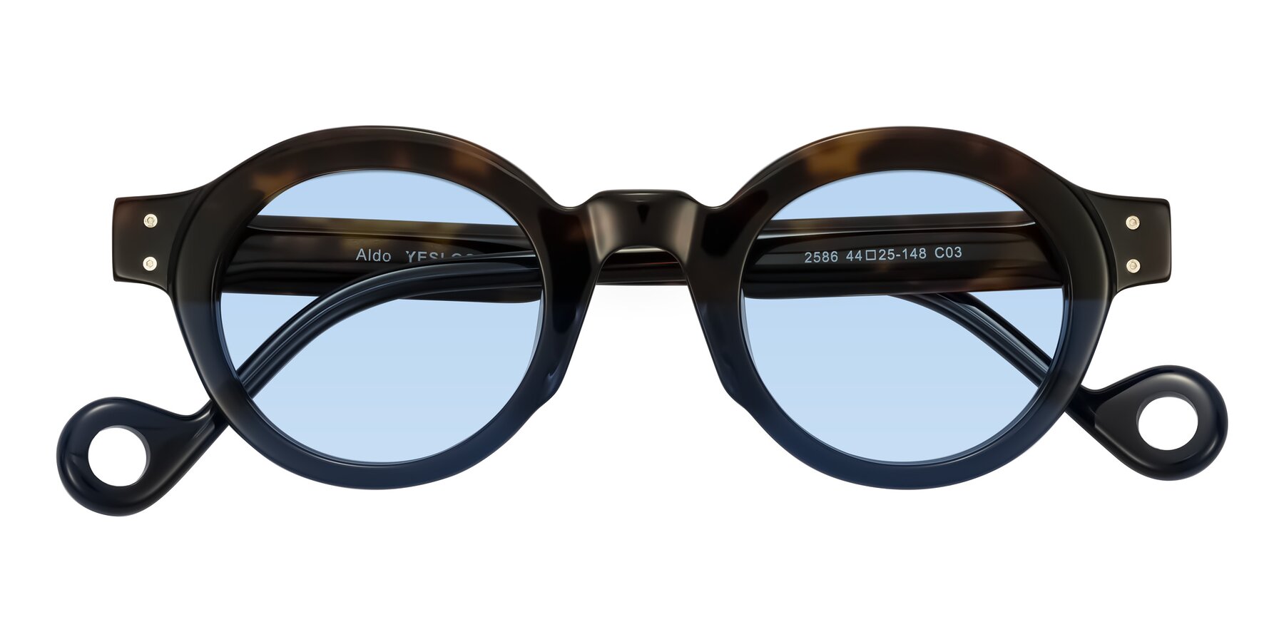 Folded Front of Aldo in Dark Tortoise/Midnight Blue with Light Blue Tinted Lenses