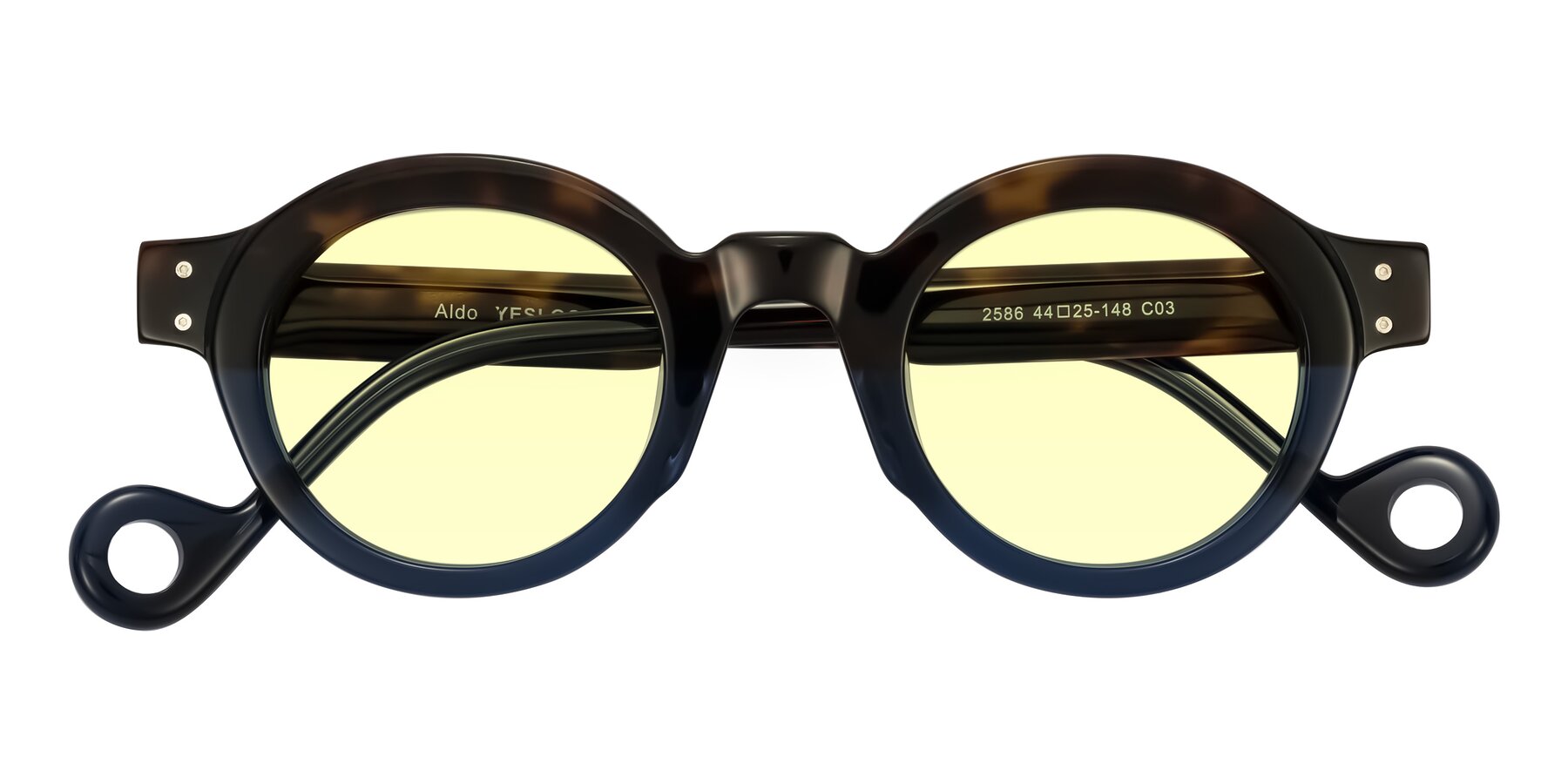 Folded Front of Aldo in Dark Tortoise/Midnight Blue with Light Yellow Tinted Lenses